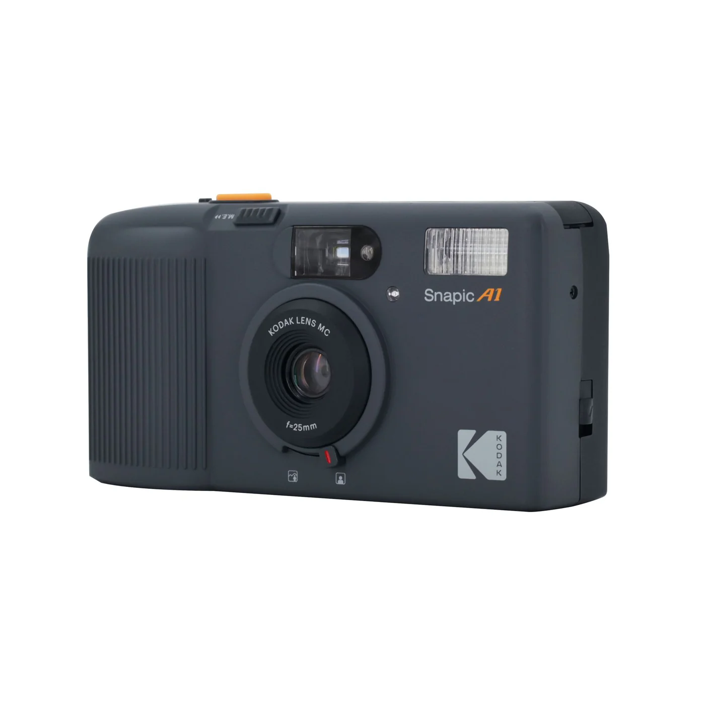 Auto-generated description: A Kodak Snapic A1 35mm film camera with a built-in flash and a 25mm lens is shown against a white background.
