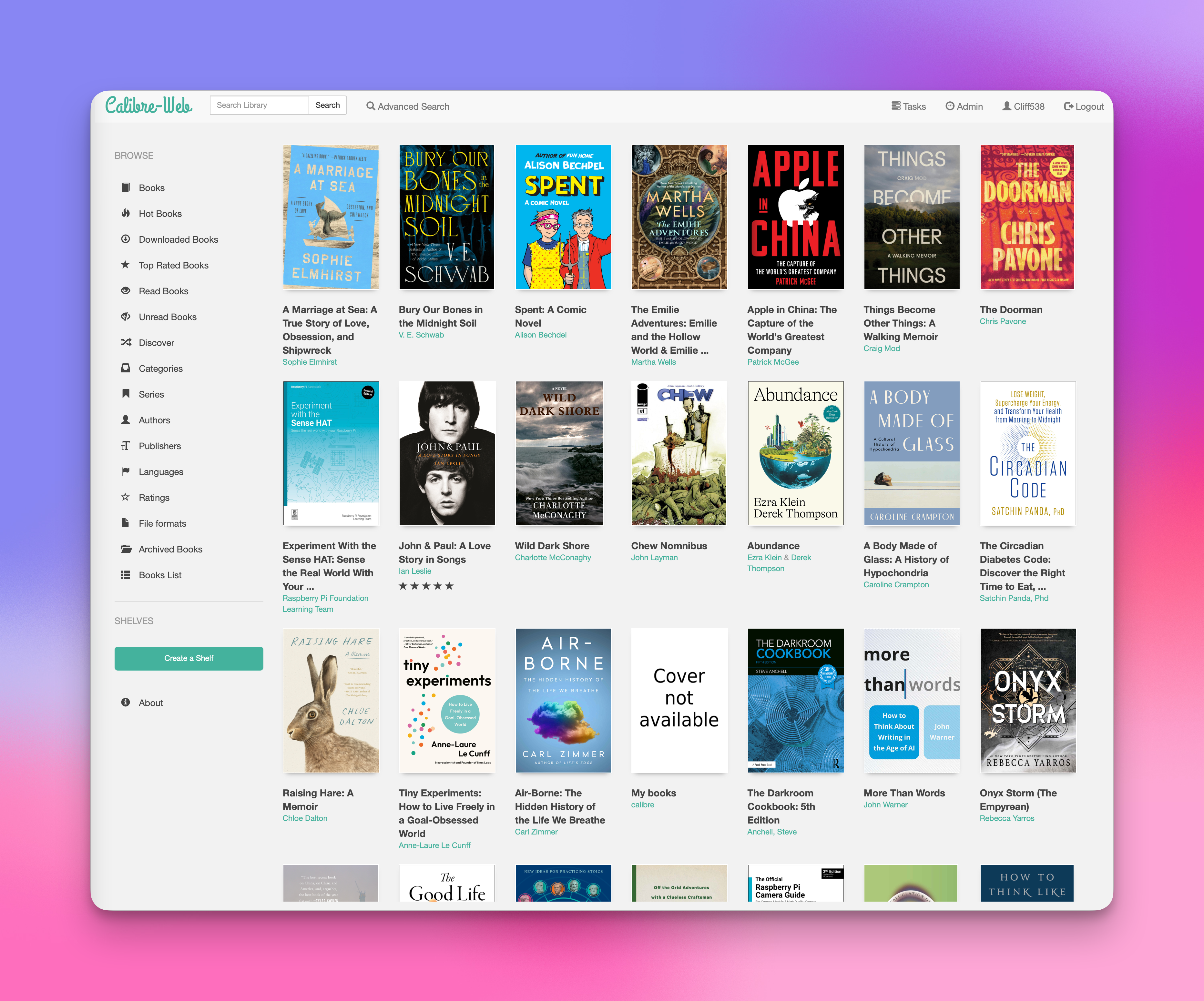 Auto-generated description: A digital bookshelf interface displays various book titles with cover images organized in a grid layout, along with navigation and search options on the side and top.