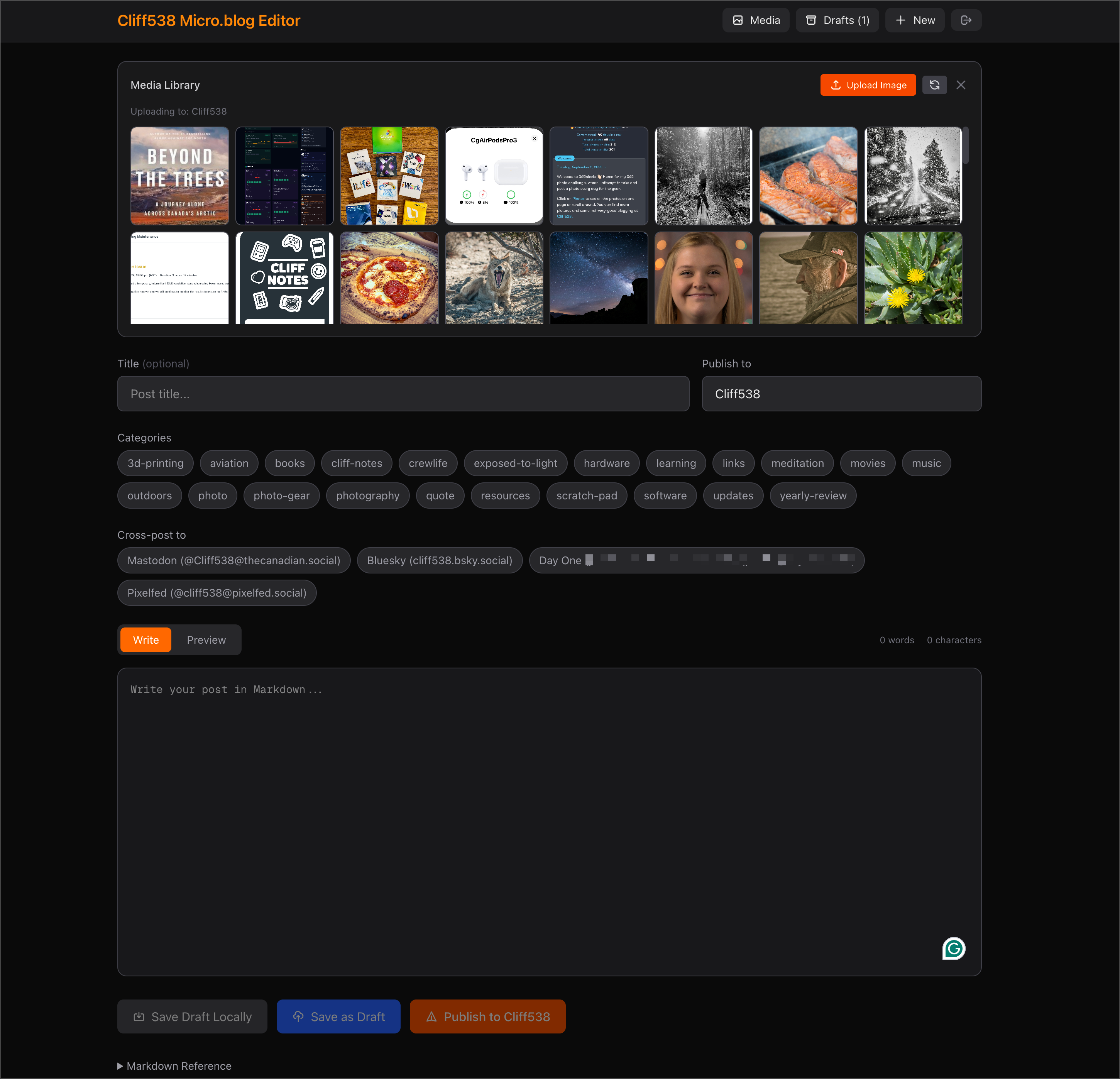 Auto-generated description: A blog editor interface displaying a media library, draft post options, and fields for title, categories, and markdown content.