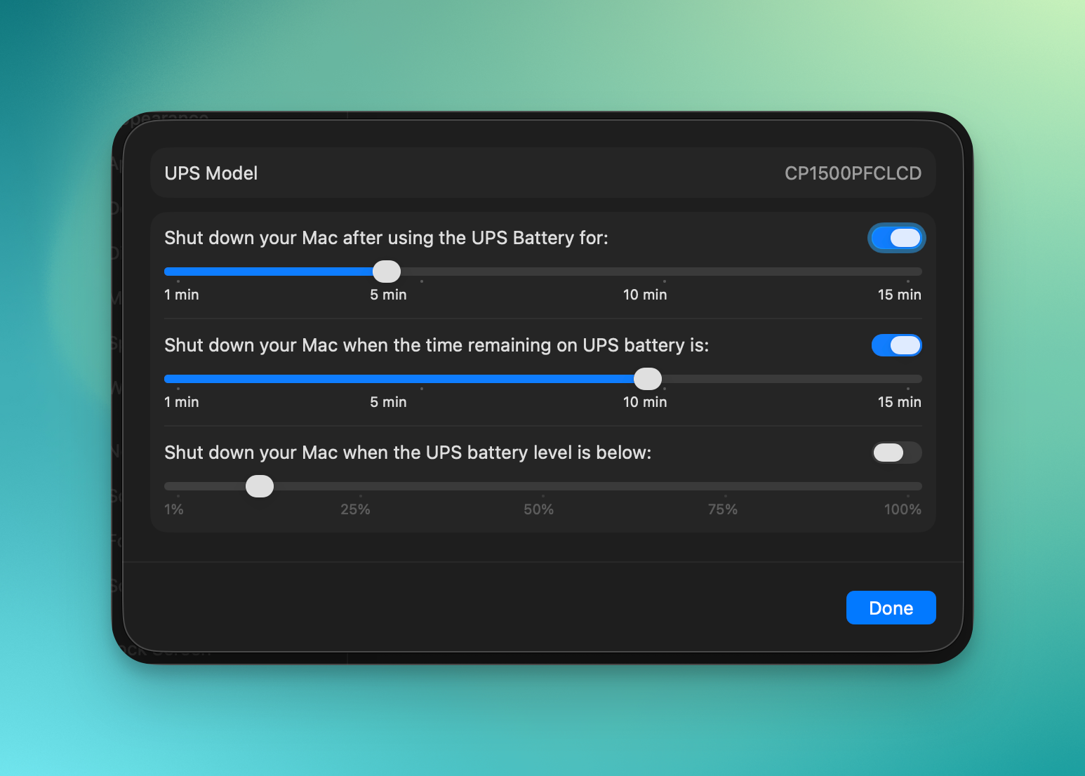 Auto-generated description: A settings screen for managing Mac shutdown options based on UPS battery conditions is displayed.