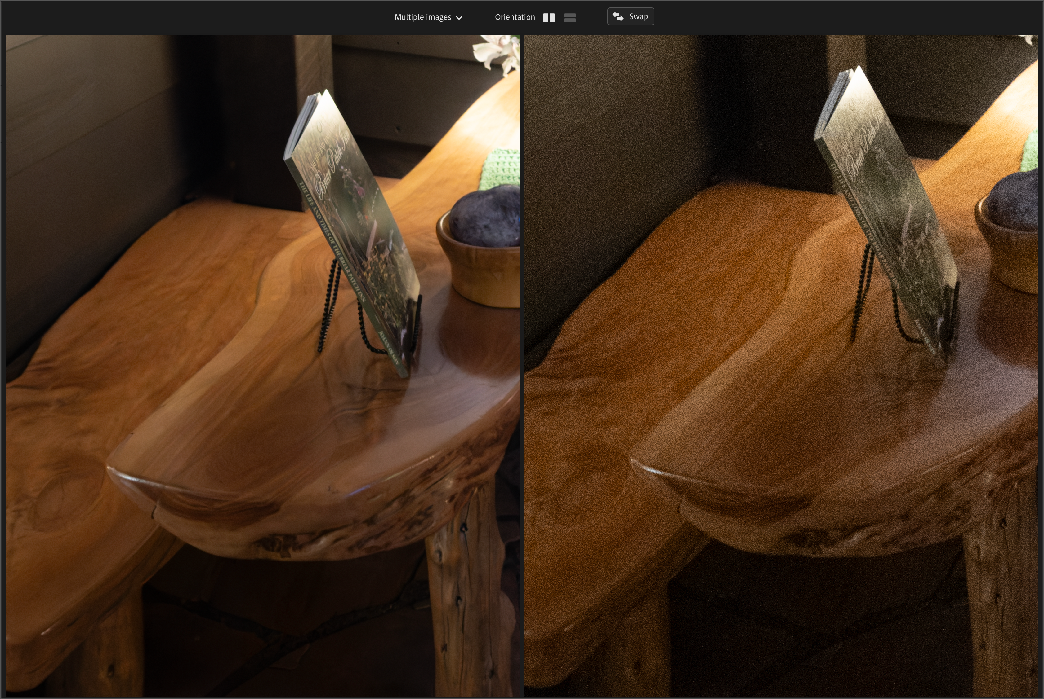 Auto-generated description: A wooden table holds a book propped up on a stand alongside a round container with a lid.