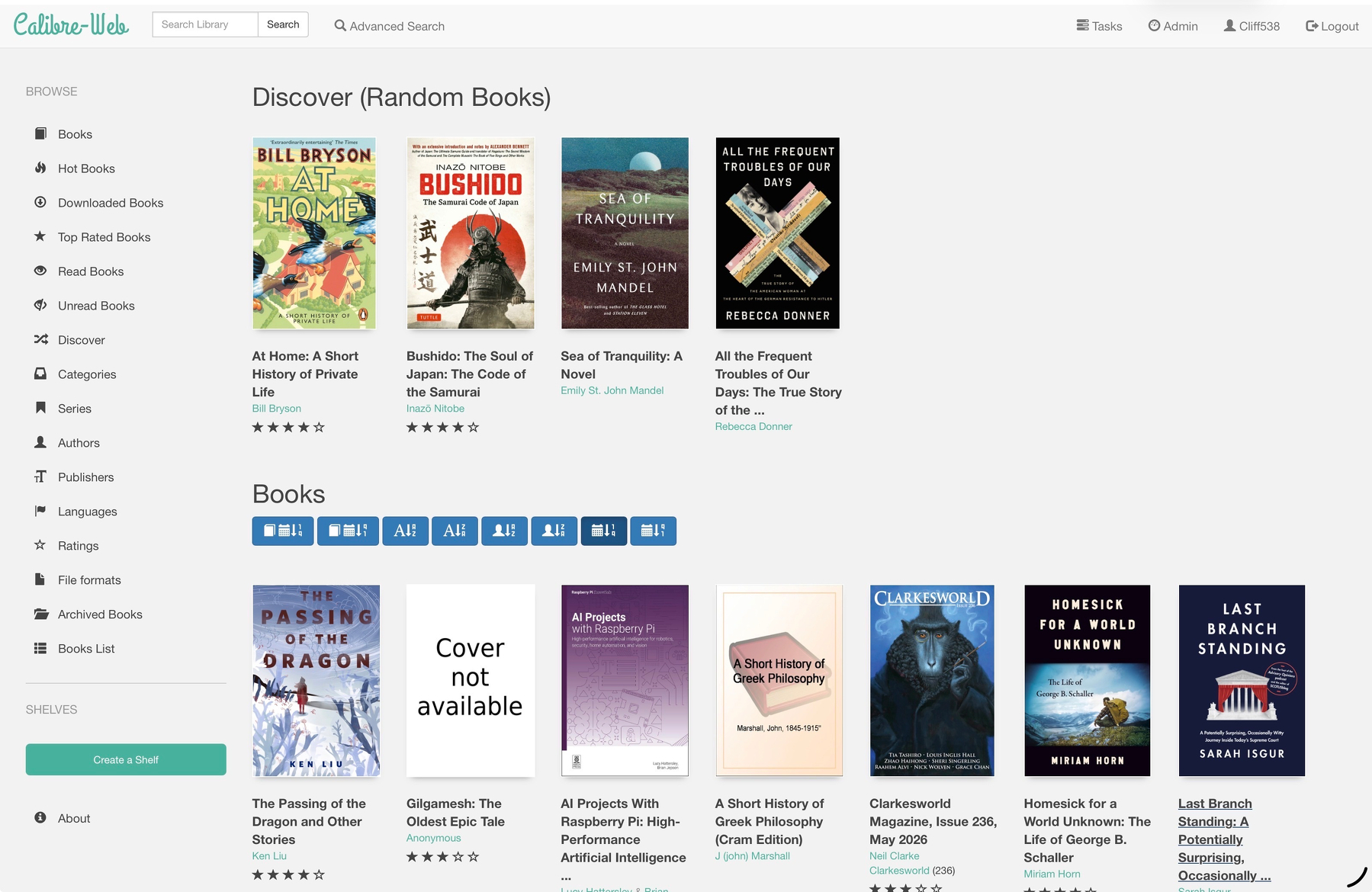Auto-generated description: A webpage displaying a collection of book covers with titles, authors, and ratings under categories like Discover (Random Books) and Books.