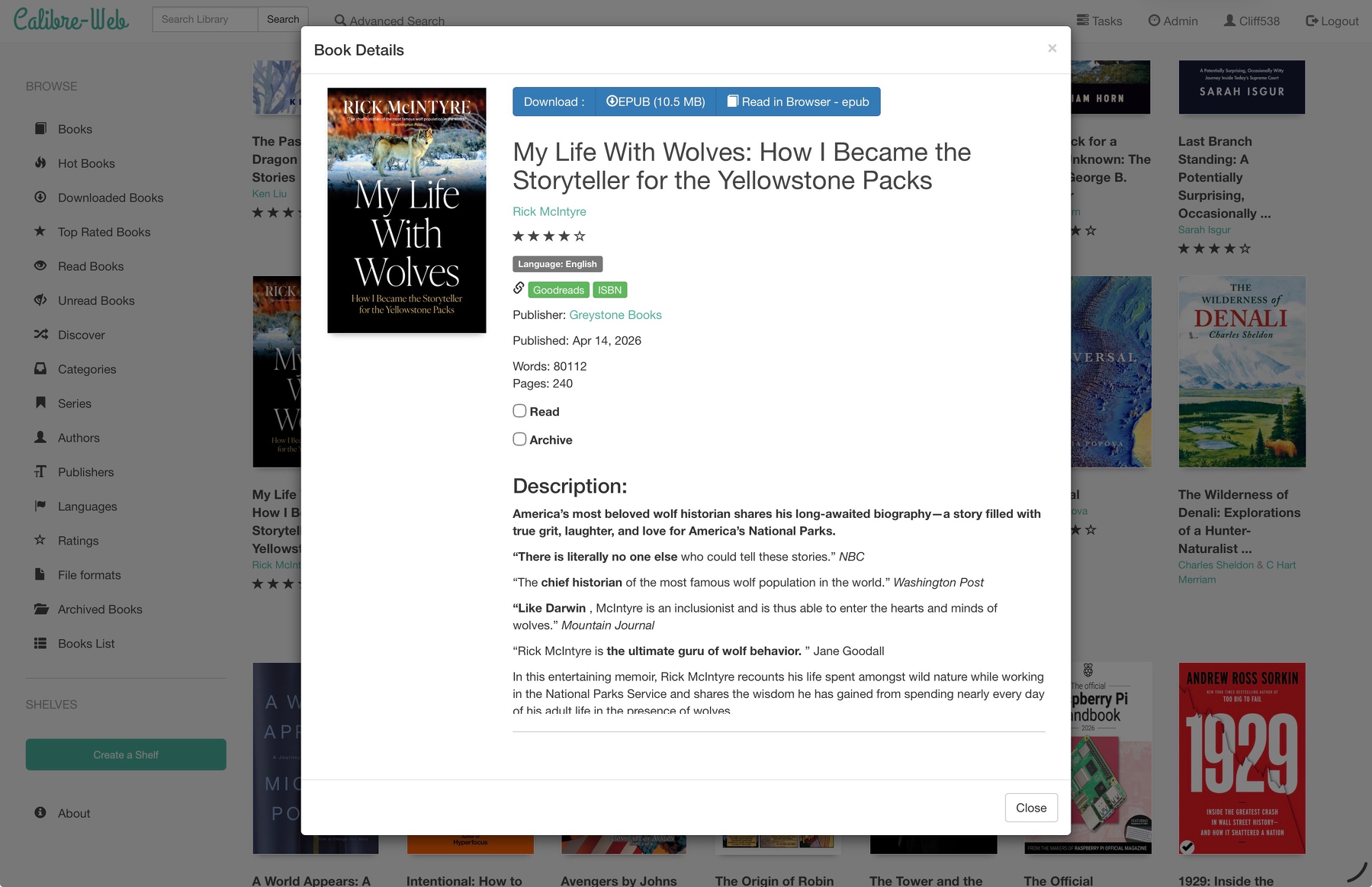Auto-generated description: A digital book details window shows information about My Life With Wolves: How I Became the Storyteller for the Yellowstone Packs by Rick McIntyre, including the description, publisher, publish date, word count, and page number.