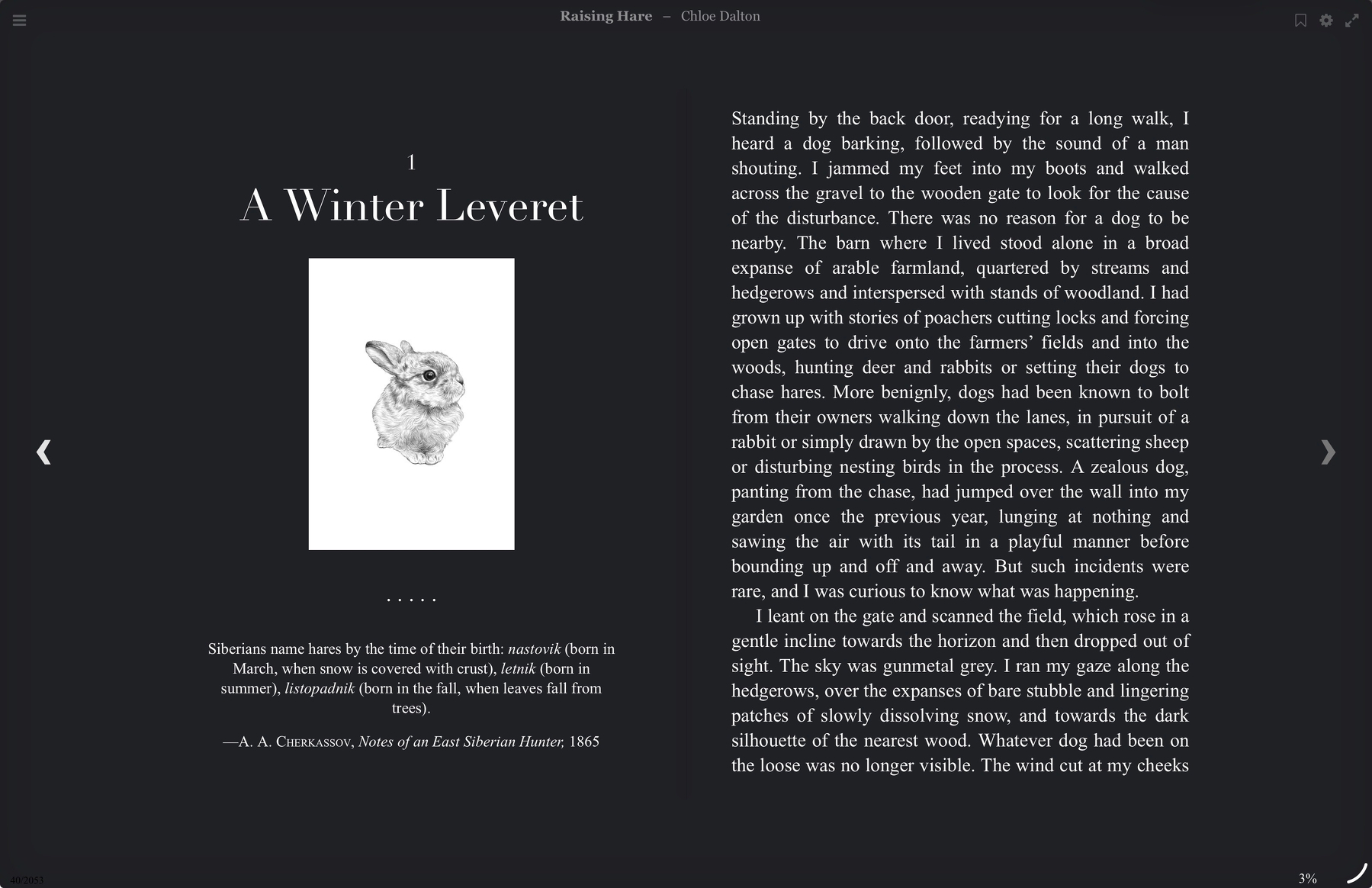 Auto-generated description: A passage titled A Winter Leveret recounts a person's experience of investigating a disturbance caused by a barking dog near a farm, reflecting on local wildlife and landscapes.