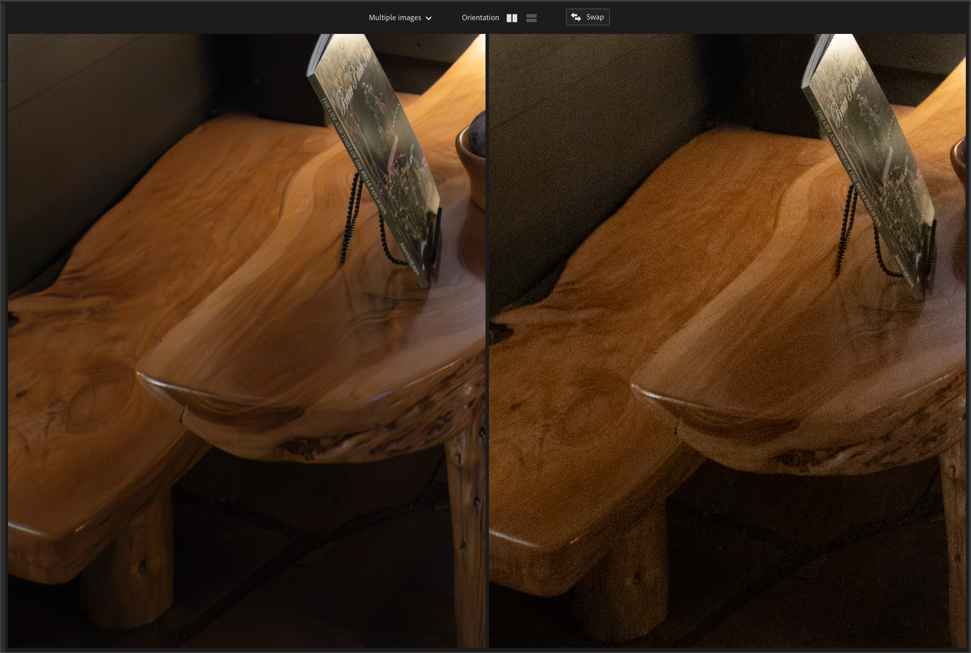 Auto-generated description: A comparison of a glossy wooden tabletop under different lighting conditions displays subtle differences in texture and tone.