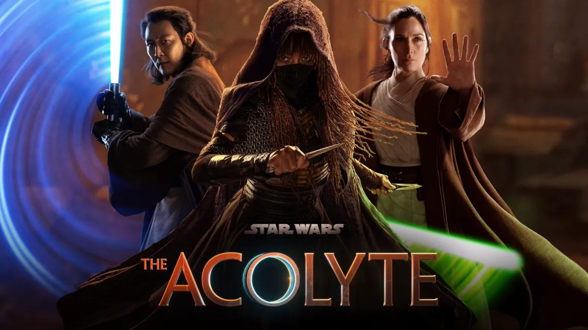 Auto-generated description: Three characters wielding lightsabers stand together, with the text Star Wars: The Acolyte displayed below.