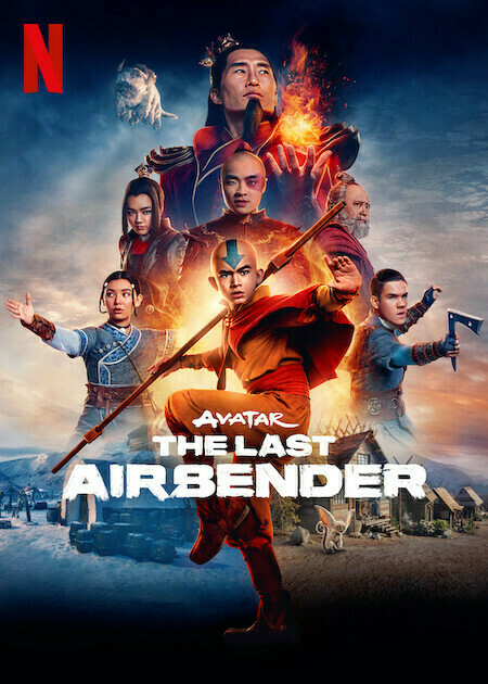 Auto-generated description: Several characters from Avatar: The Last Airbender, including one with a blue arrow tattoo, are featured on a Netflix promotional poster.