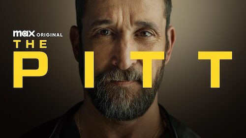 A man with a beard is partially visible behind the bold yellow text THE PITT on a dark background, alongside the MAX ORIGINAL logo.
