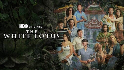 A group of diverse individuals is posed against a lush, tropical backdrop with an ornate structure, promoting the HBO original series The White Lotus.