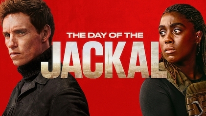 Two people are standing side by side with serious expressions against a red background with the text The Day of the Jackal.