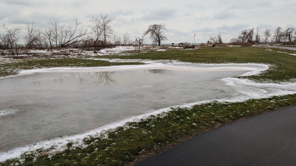 A partially frozen puddle sits on a grassy landscape with bare trees under a cloudy sky.