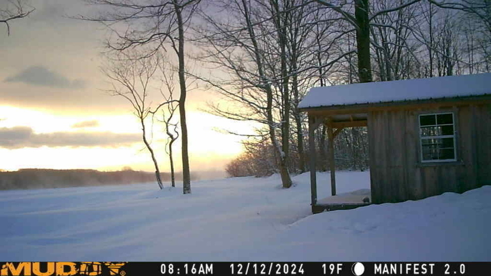 A snowy landscape features a small wooden cabin beside leafless trees under a partly cloudy sky at sunrise or sunset.