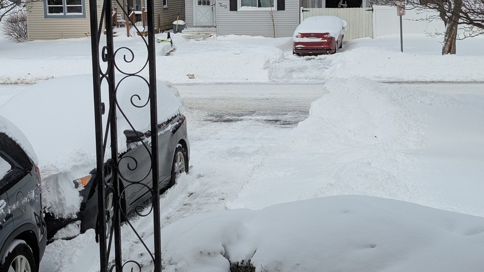 A snowy residential street is visible, with parked cars partially covered in snow and a snow-cleared path leading to a house.