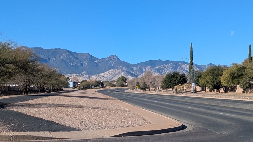 A road stretches towards distant mountains under a clear blue sky, flanked by trees and shrubs.