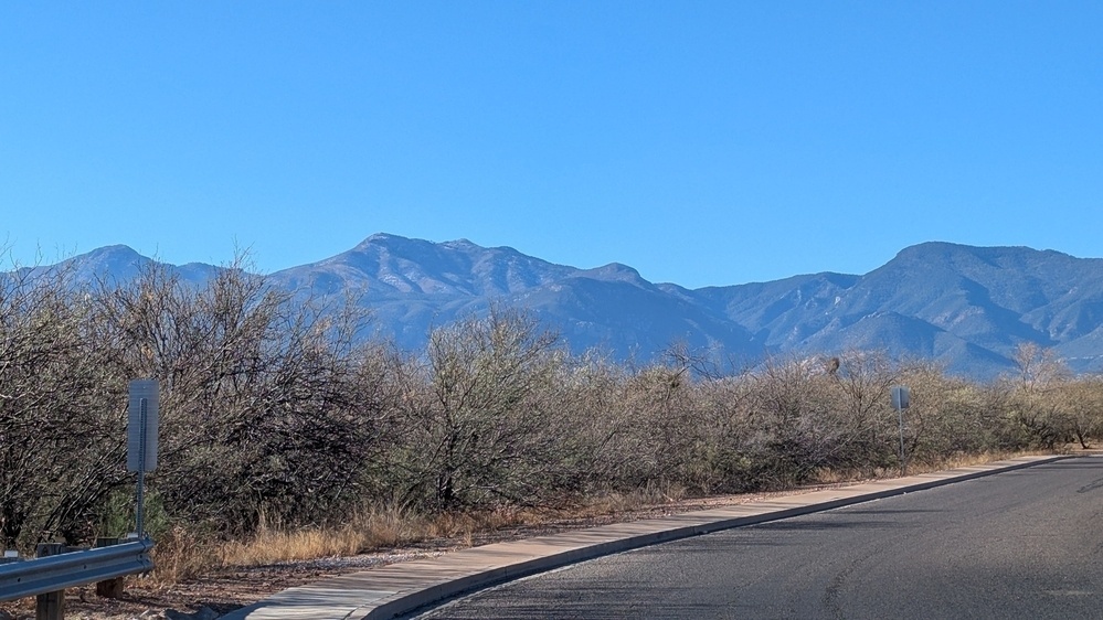 A road curves alongside dry brush and shrubs, with a backdrop of distant mountains under a clear blue sky.