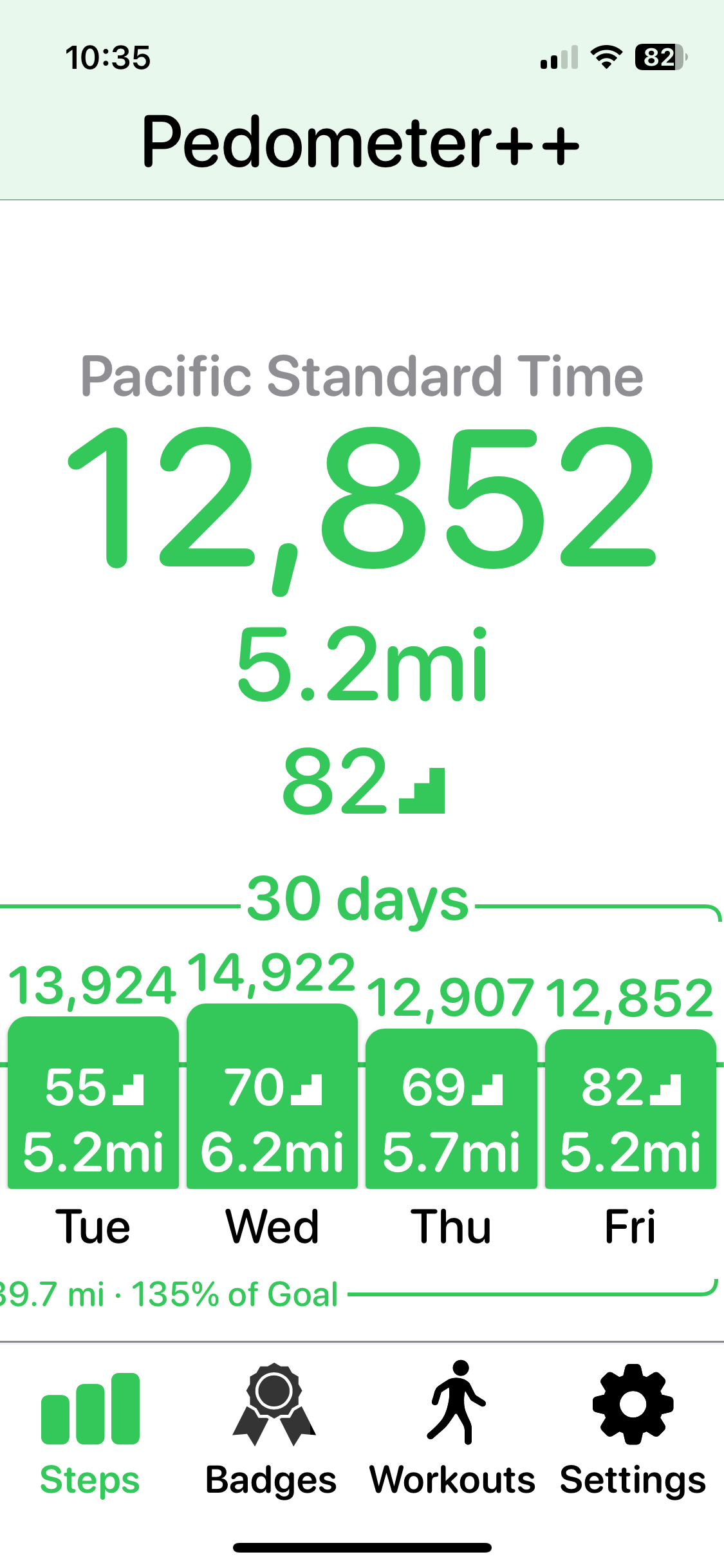 A screenshot showing that I walked at least 10,000 steps on each of the past 30 days.