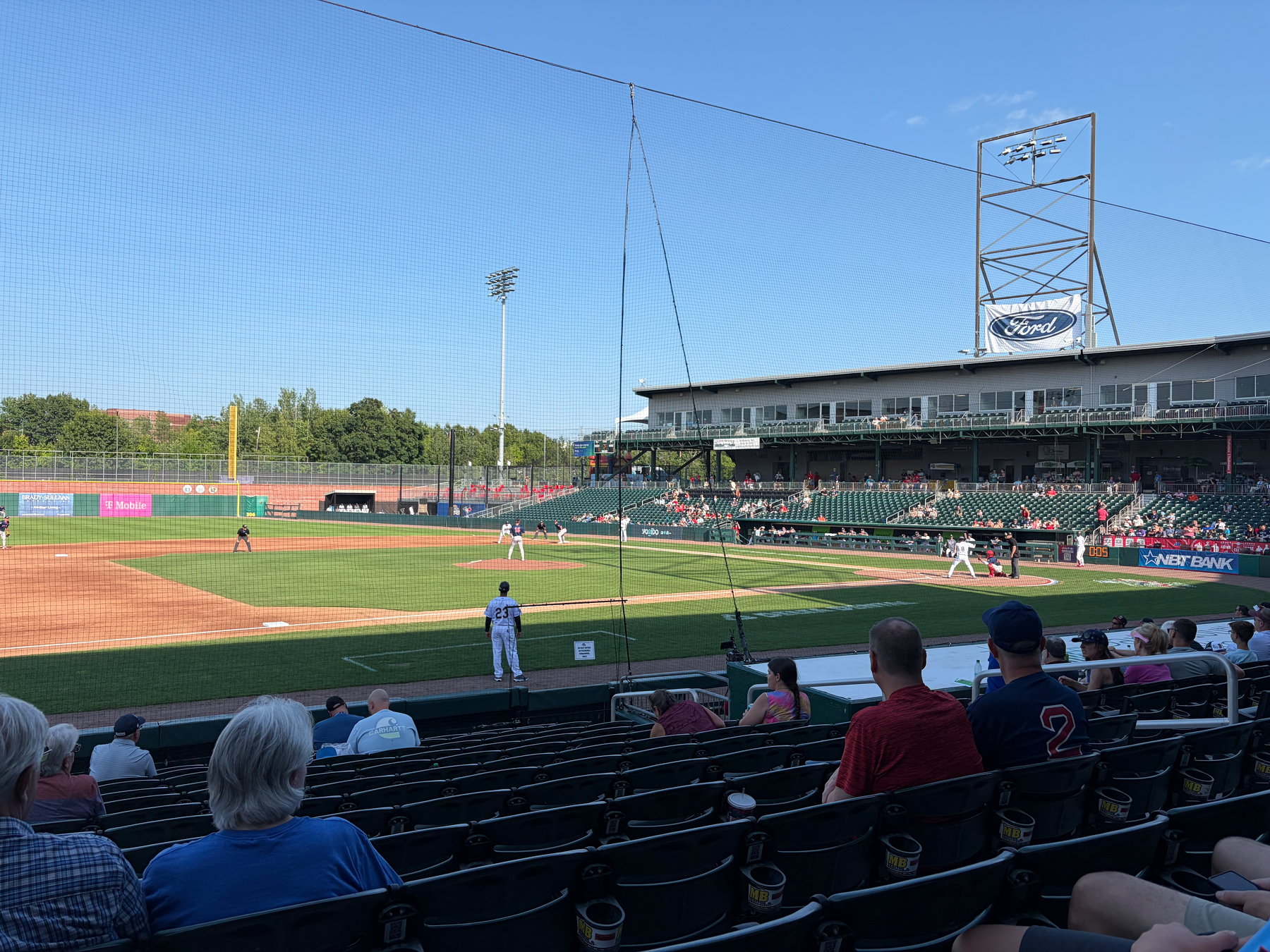 Looking at the baseball diamond from behind third base.