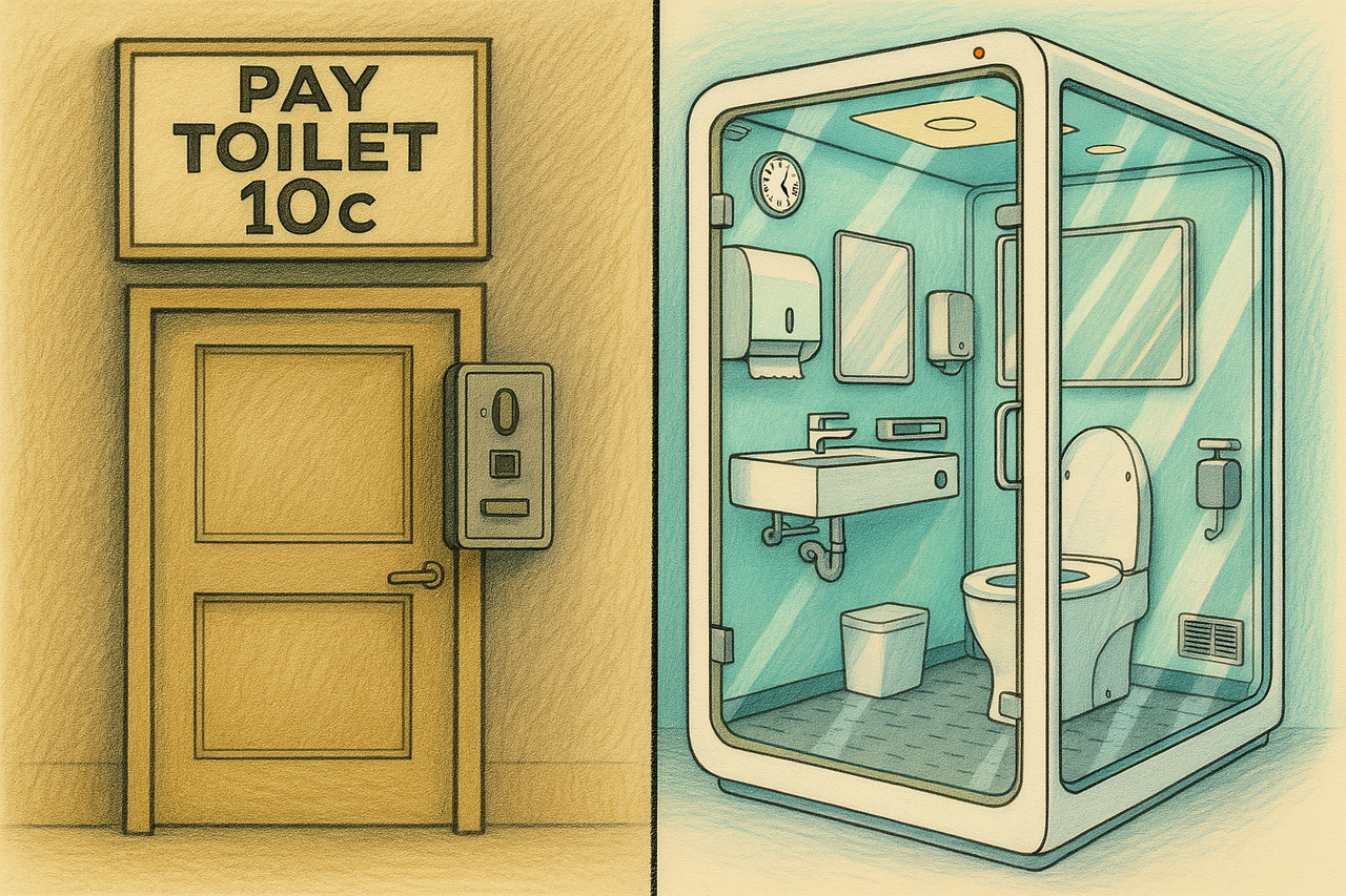 Illustration of a pay toilet with a coin-operated door and a sign reading 