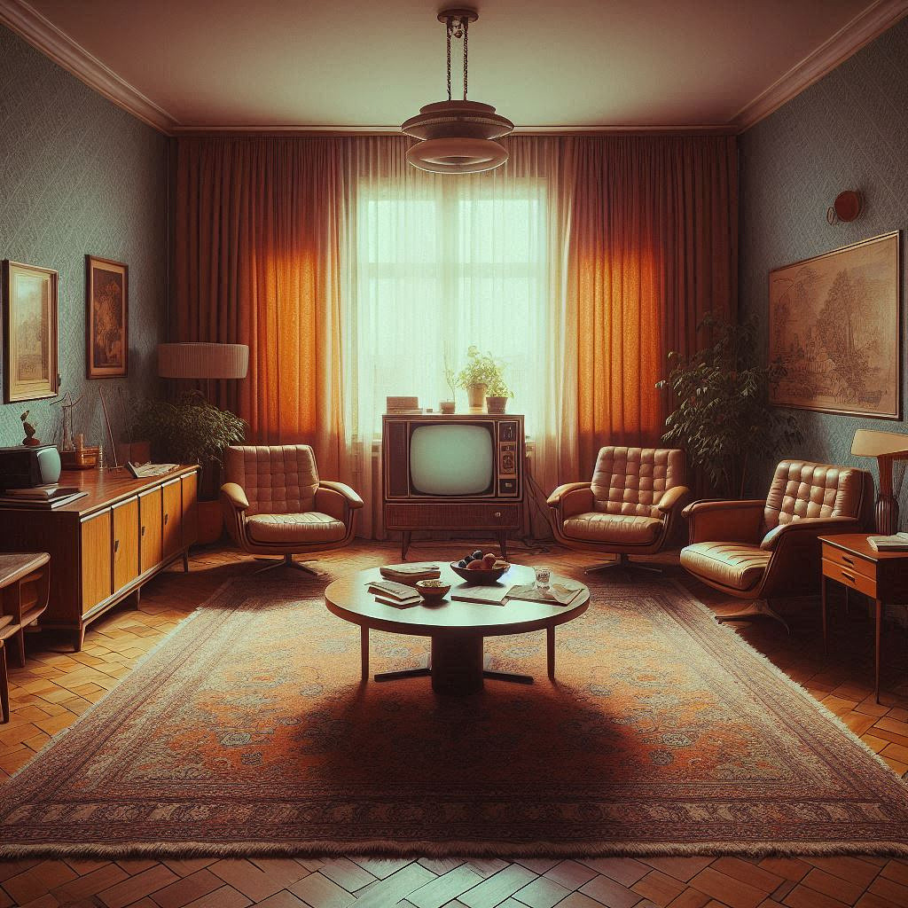 Auto-generated description: A vintage living room features mid-century furniture, a retro television, and warm, muted lighting.