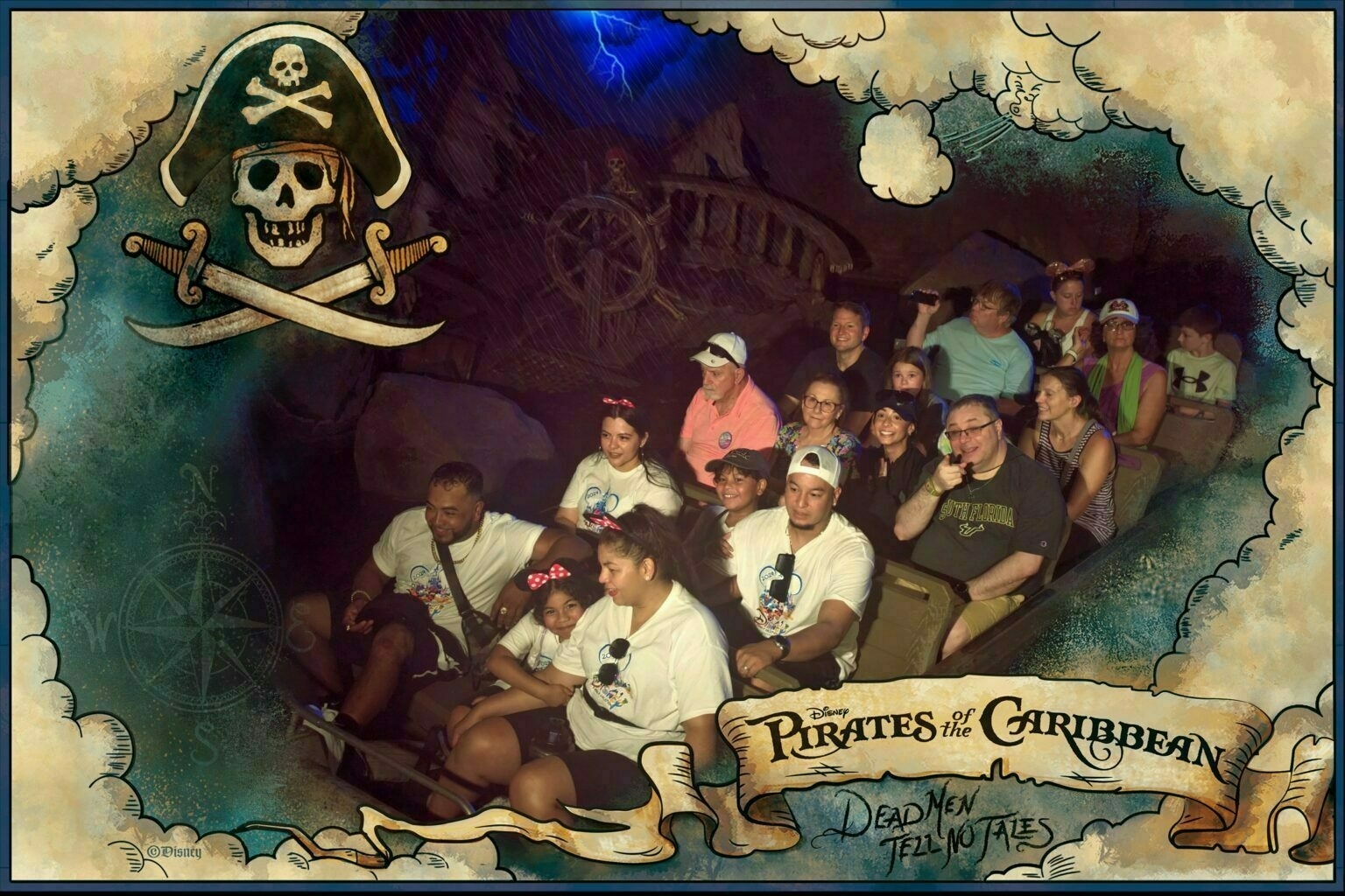 A group of people are riding a themed amusement park attraction with a Pirates of the Caribbean motif.