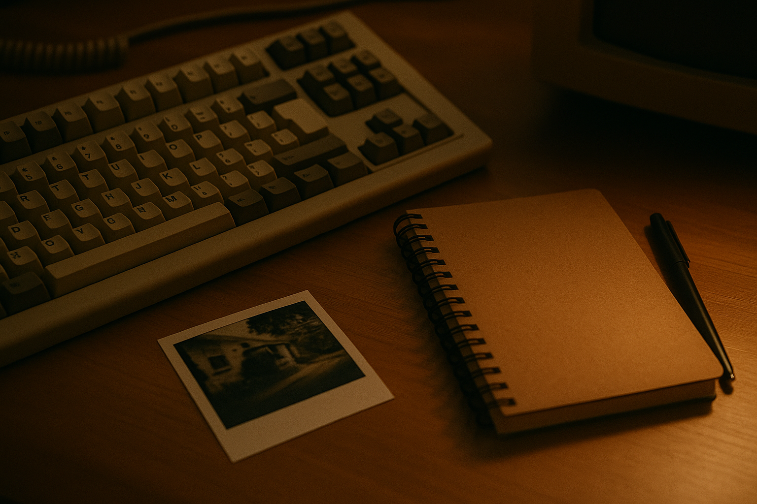Auto-generated description: A vintage keyboard sits alongside a spiral notebook, pen, and an instant photo on a dimly lit wooden desk.