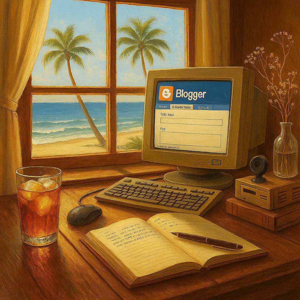 A nostalgic painting of a cozy beachside workspace featuring a vintage CRT monitor displaying the Blogger login screen. The scene includes a classic beige keyboard and mouse, a notebook with handwritten text, a fountain pen, a glass of iced tea, and a vase with dried flowers. Outside the window, two palm trees stand by a serene ocean under a sunny blue sky.