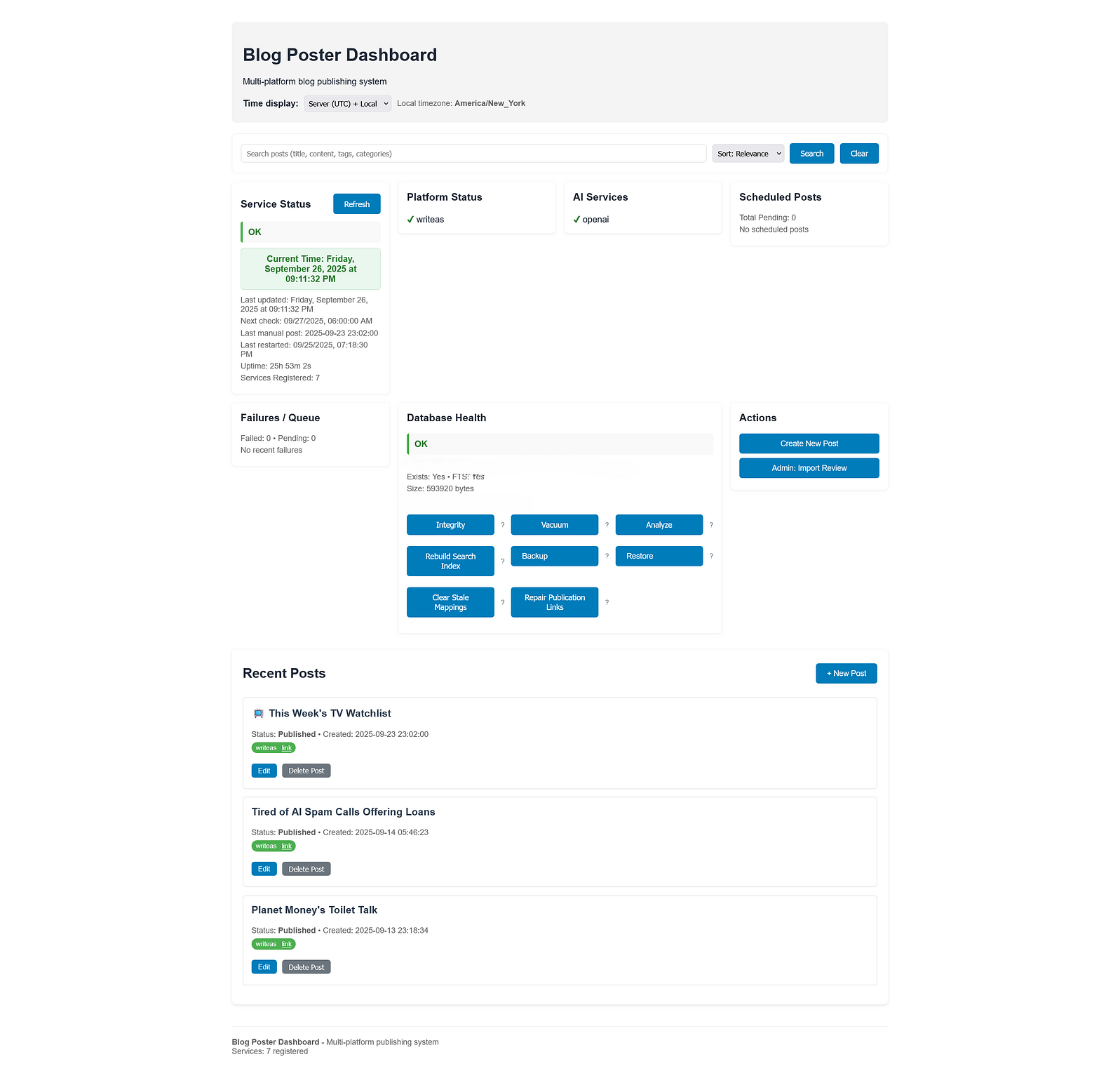 Screenshot of the Blog Poster Dashboard, showing service status, database health tools, recent posts list, and buttons for actions like creating a new post.