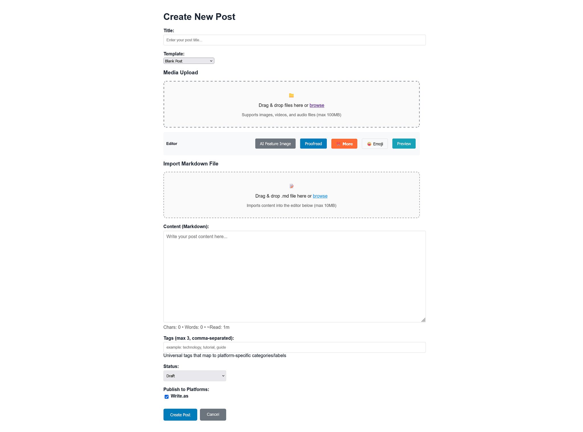 Screenshot of the Blog Poster’s Create New Post screen, with fields for title, template, media upload, Markdown import, content editor, tags, and publishing options.