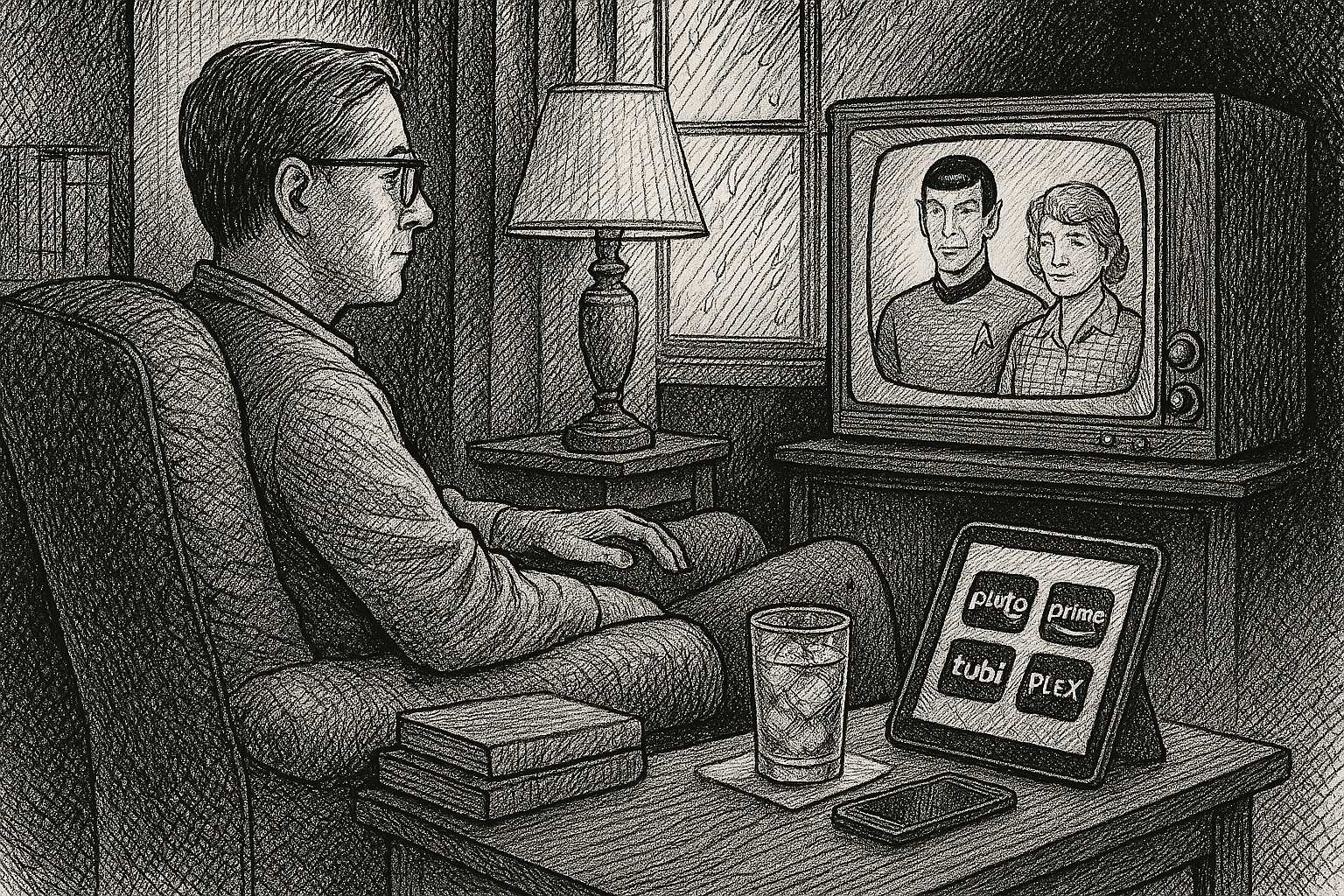 Black-and-white ink drawing of a man in an armchair watching a vintage TV; rain on the window, lamp glow, single side table holding stacked DVDs, a glass of iced tea with visible cubes, a tablet with streaming icons, and a smartphone