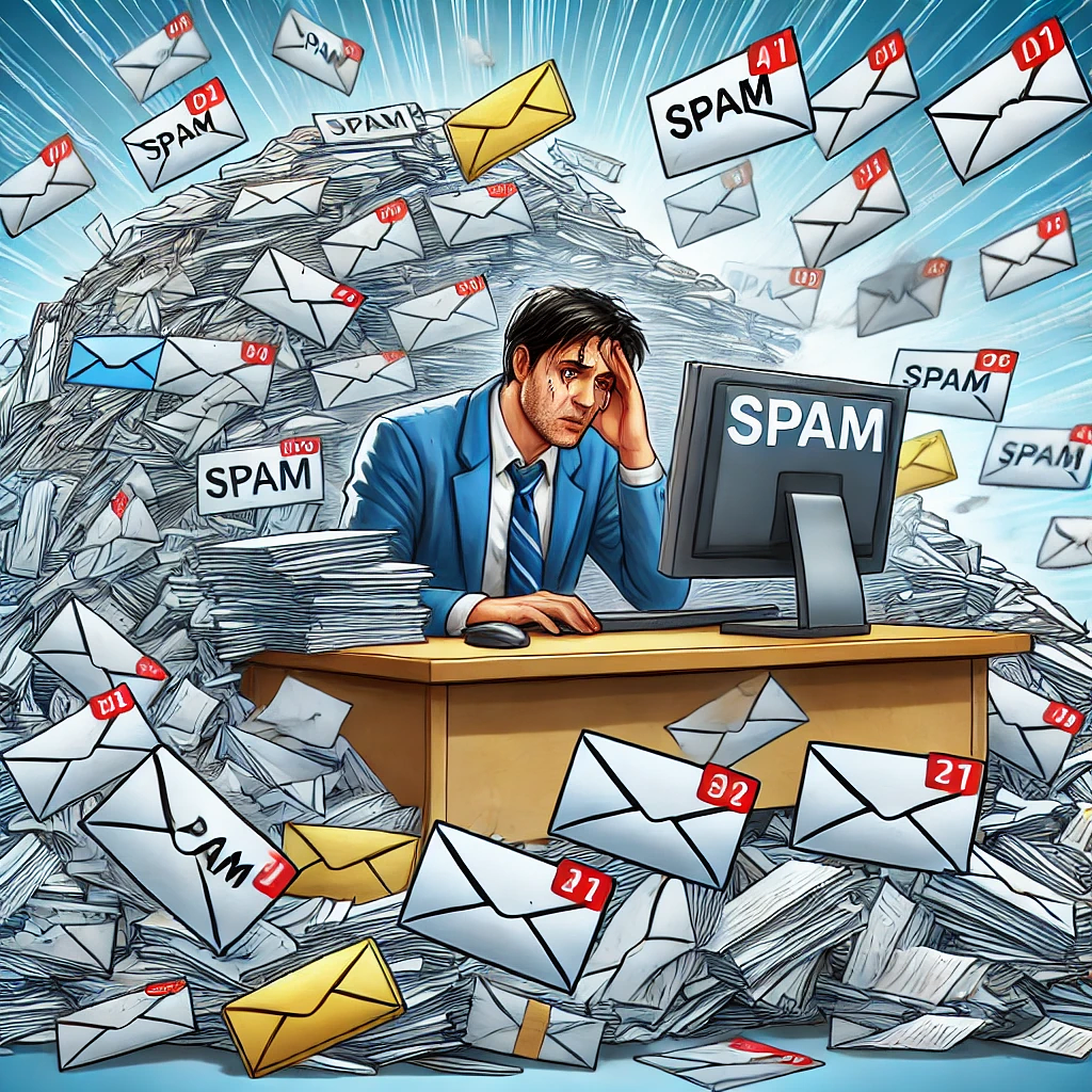 Auto-generated description: A man sits overwhelmed at his desk surrounded by a massive pile of spam emails.