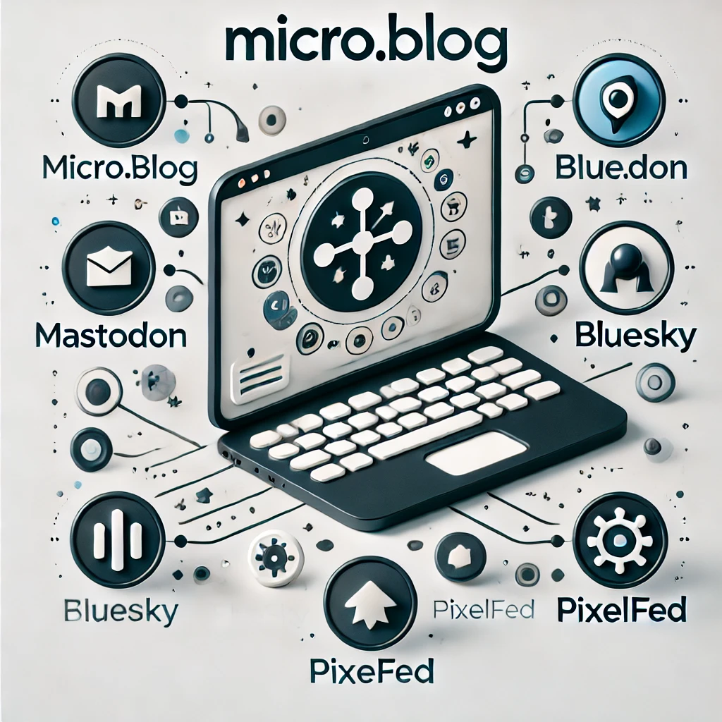 Illustration of Micro.blog integrating with Mastodon, Bluesky, and Pixelfed