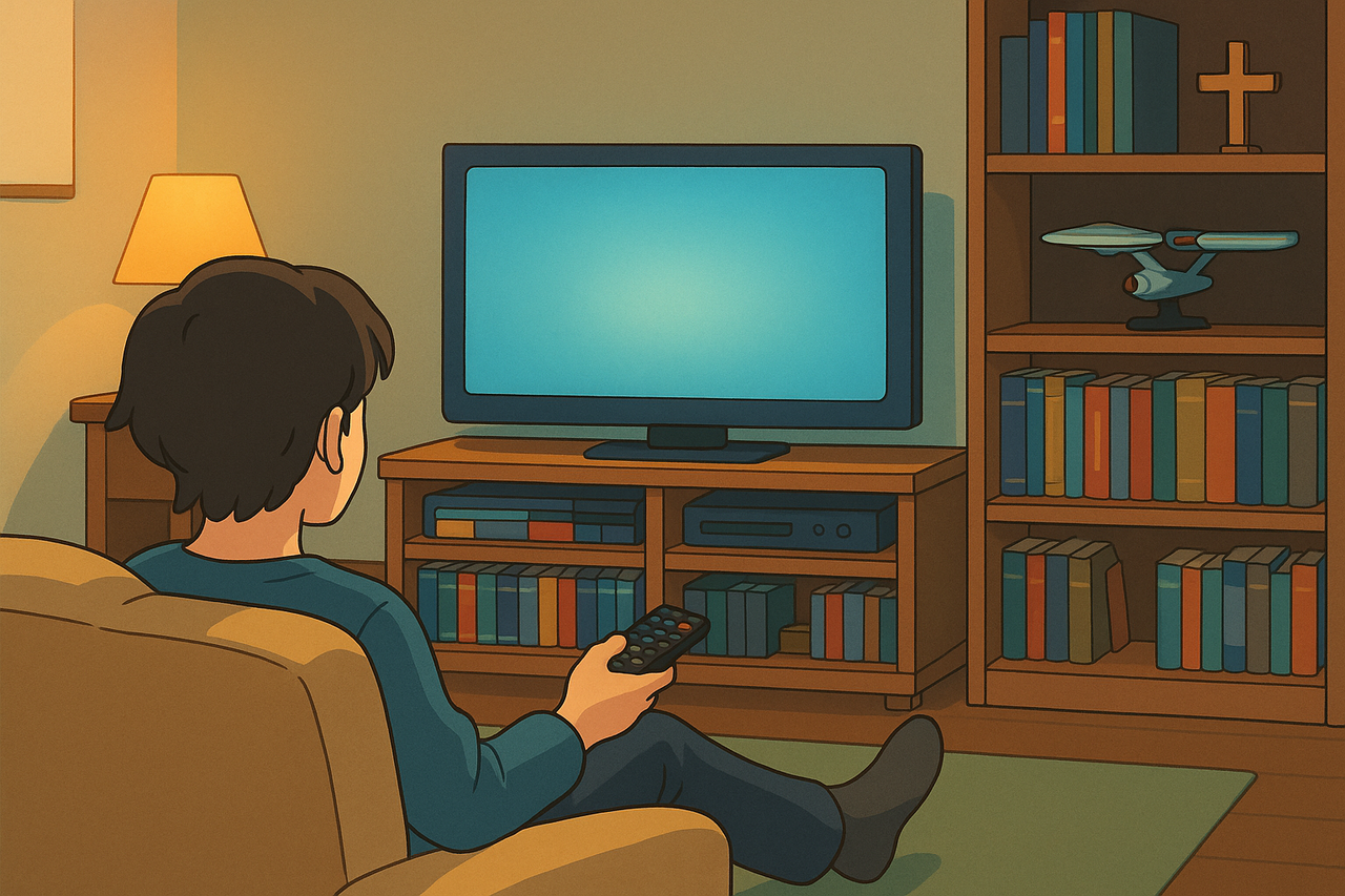 Anime-style digital illustration inspired by Studio Ghibli, showing a person relaxing on a sofa while watching TV in a cozy living room. The room includes a glowing screen, a media console, and a bookshelf with colorful books, a cross, and a Starship Enterprise model, all bathed in soft, warm lighting.