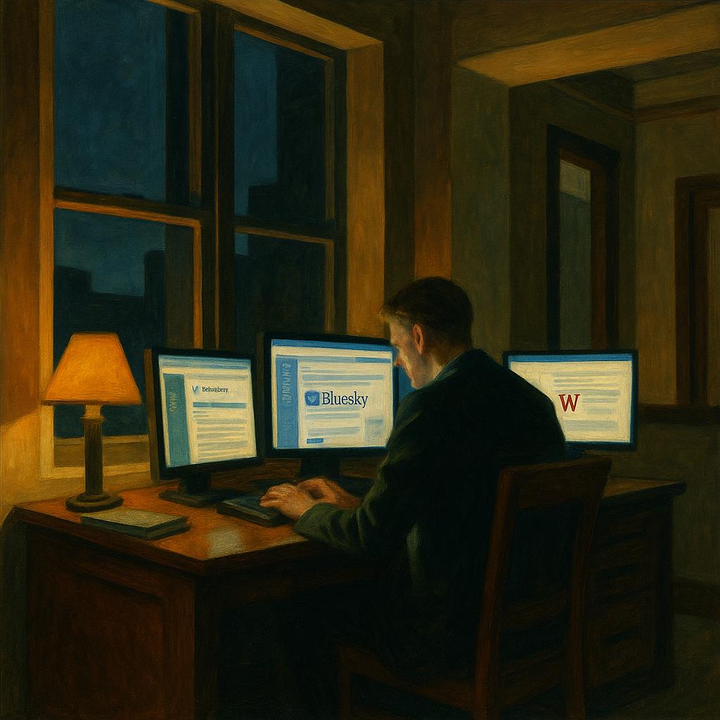 A painting in the style of Edward Hopper shows a solitary figure at a desk late in the evening. Warm lamplight contrasts with cool twilight from the window, while three glowing monitors display different blogging platforms. The scene conveys focus, isolation, and a contemplative mood in a modern home office.