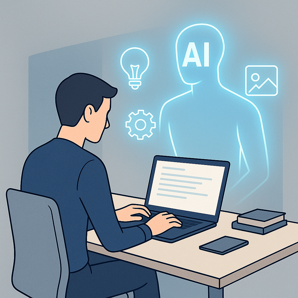 Person using a laptop at a minimalist desk while a glowing AI assistant hovers nearby, displaying icons for creativity, technology, and design.