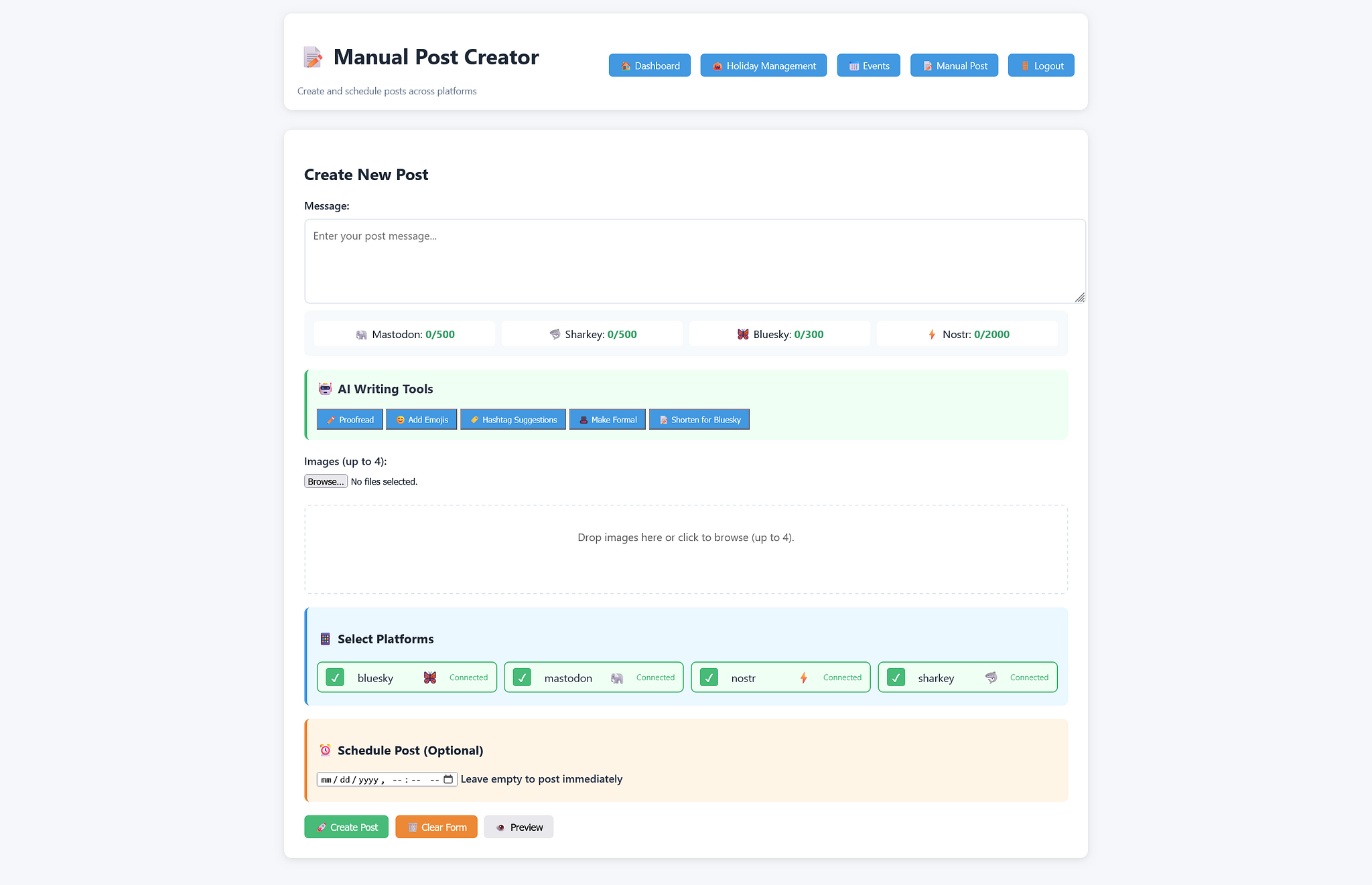 Screenshot of the Manual Post Creator interface, showing text fields, AI writing tools, image upload options, and checkboxes for selecting platforms like Mastodon, Bluesky, Nostr, and Sharkey.