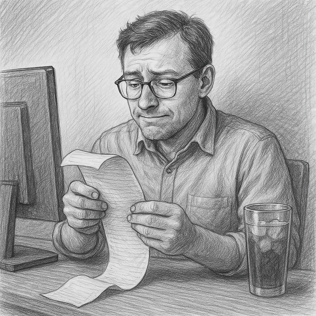 A detailed black and white pencil drawing of a man wearing glasses, sitting at a table with a desktop computer and a glass of iced tea in a Tervis tumbler, thoughtfully reviewing a long receipt. His expression is a mix of slight overwhelm and quiet satisfaction, reflecting the challenge and relief of trimming expenses.
