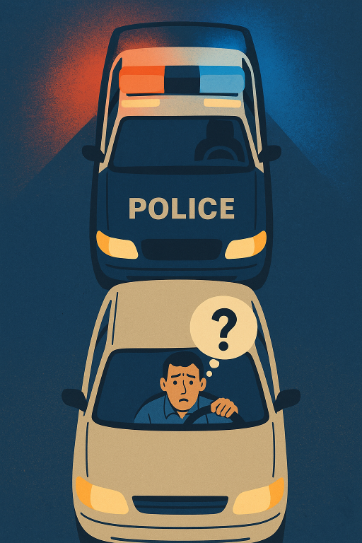 Illustration of a driver looking confused as a police car follows with steady red and blue lights.