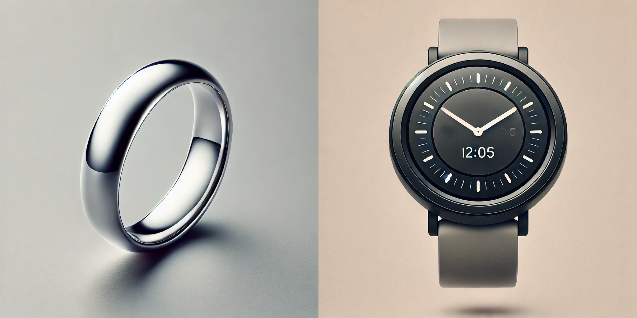 A silver ring is on the left, and a modern smartwatch with a minimalist design is on the right.