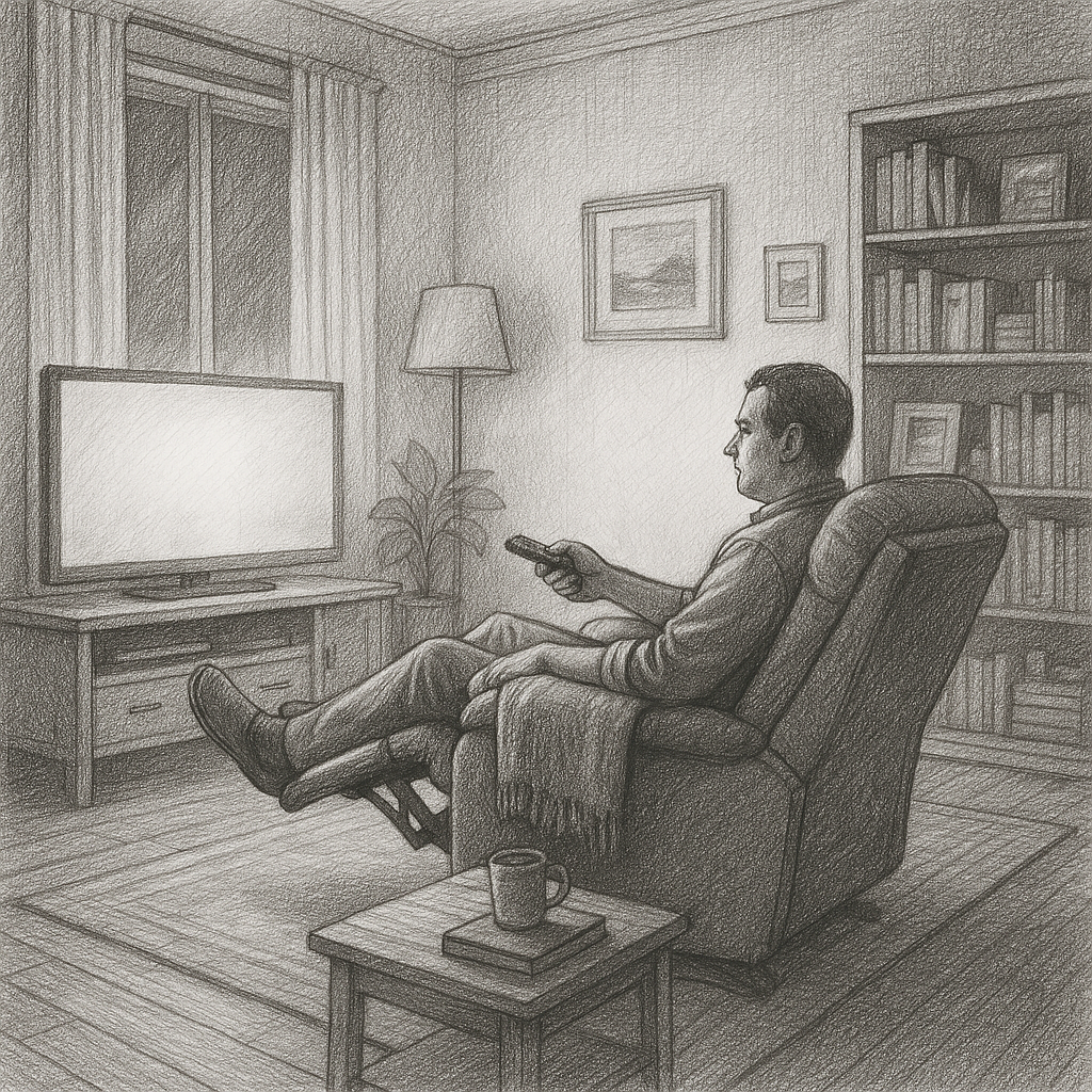 Black-and-white pencil drawing of a man reclining in an armchair watching a glowing TV, remote in hand, with a bookshelf, floor lamp, curtained window, and a mug on a small table.