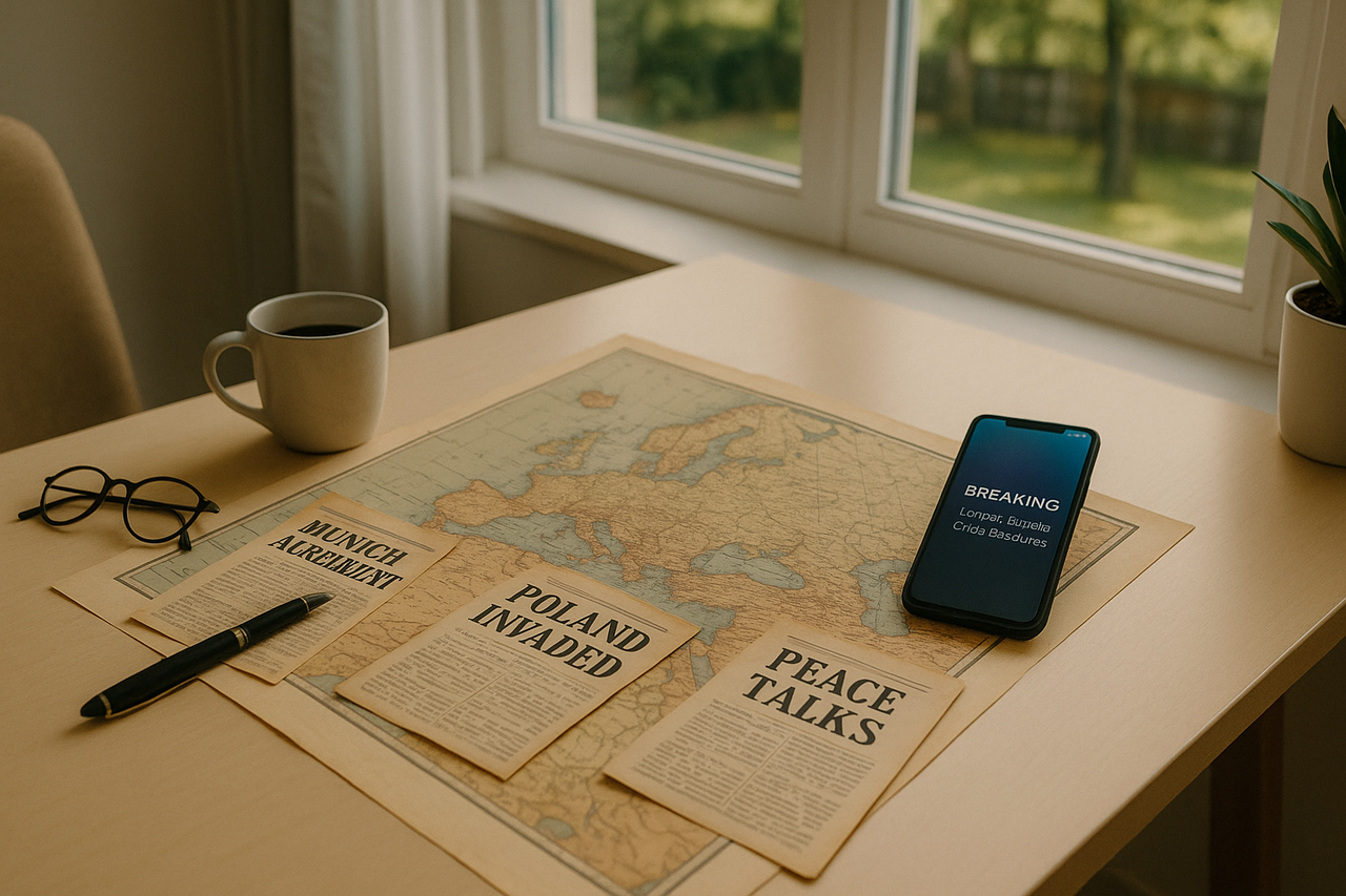 A bright home office desk with vintage newspapers about 1930s European crises, a modern smartphone with breaking news, and a peaceful yard visible through the window, suggesting personal reflection on repeating history.