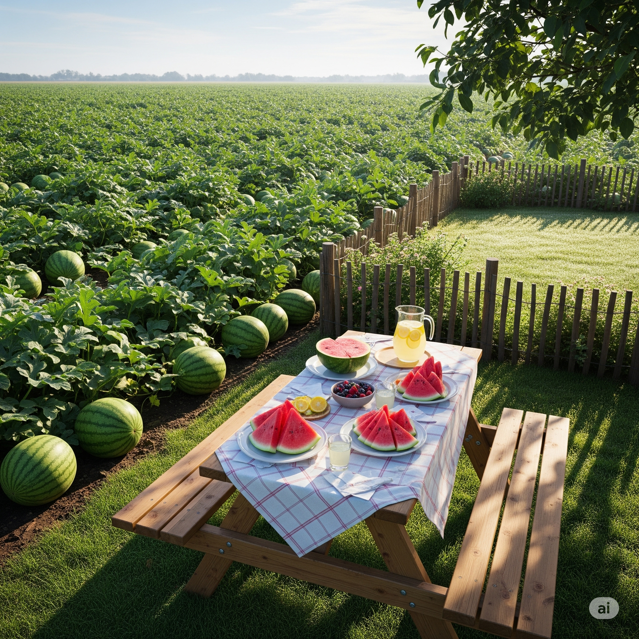 Auto-generated description: A picnic table with watermelon slices, drinks, and fruit salad is set near a fenced watermelon field.