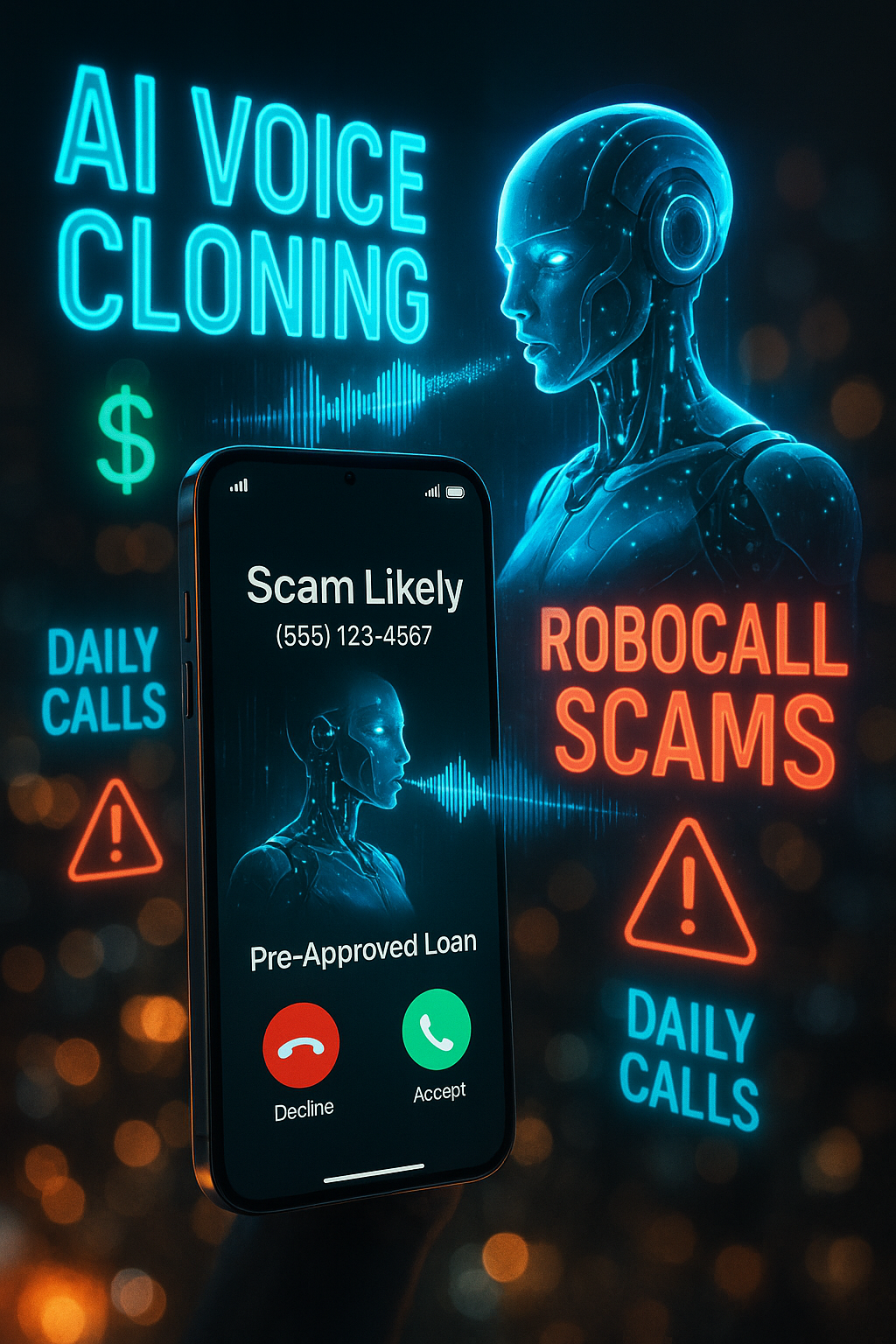Image of a smartphone displaying a scam alert call with neon signs of a robotic head and texts &quot;AI Voice Cloning&quot; and &quot;Robocall Scams.&quot;