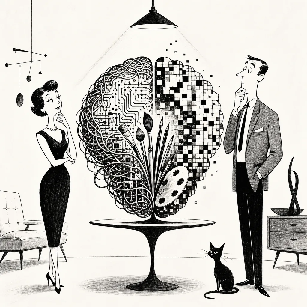 A black and white illustration depicts a man and a woman standing on either side of a round table with a large brain sculpture on it. The brain is split into two halves: the left half is composed of intricate circuits, wires, and electronic components, symbolizing logic and technology; the right half is made up of pixelated squares and contains various paintbrushes and an artist's palette, representing creativity and art. The woman on the left wears a fitted black dress, pearl necklace, and high heels, with her hand thoughtfully touching her chin. The man on the right is dressed in a suit and tie, also with a hand on his chin, appearing contemplative. A black cat sits near the man's feet. The setting is a mid-century modern room with a minimalist chair, a mobile hanging from the ceiling, a sideboard with a decorative sculpture, and a single overhead light illuminating the brain sculpture.