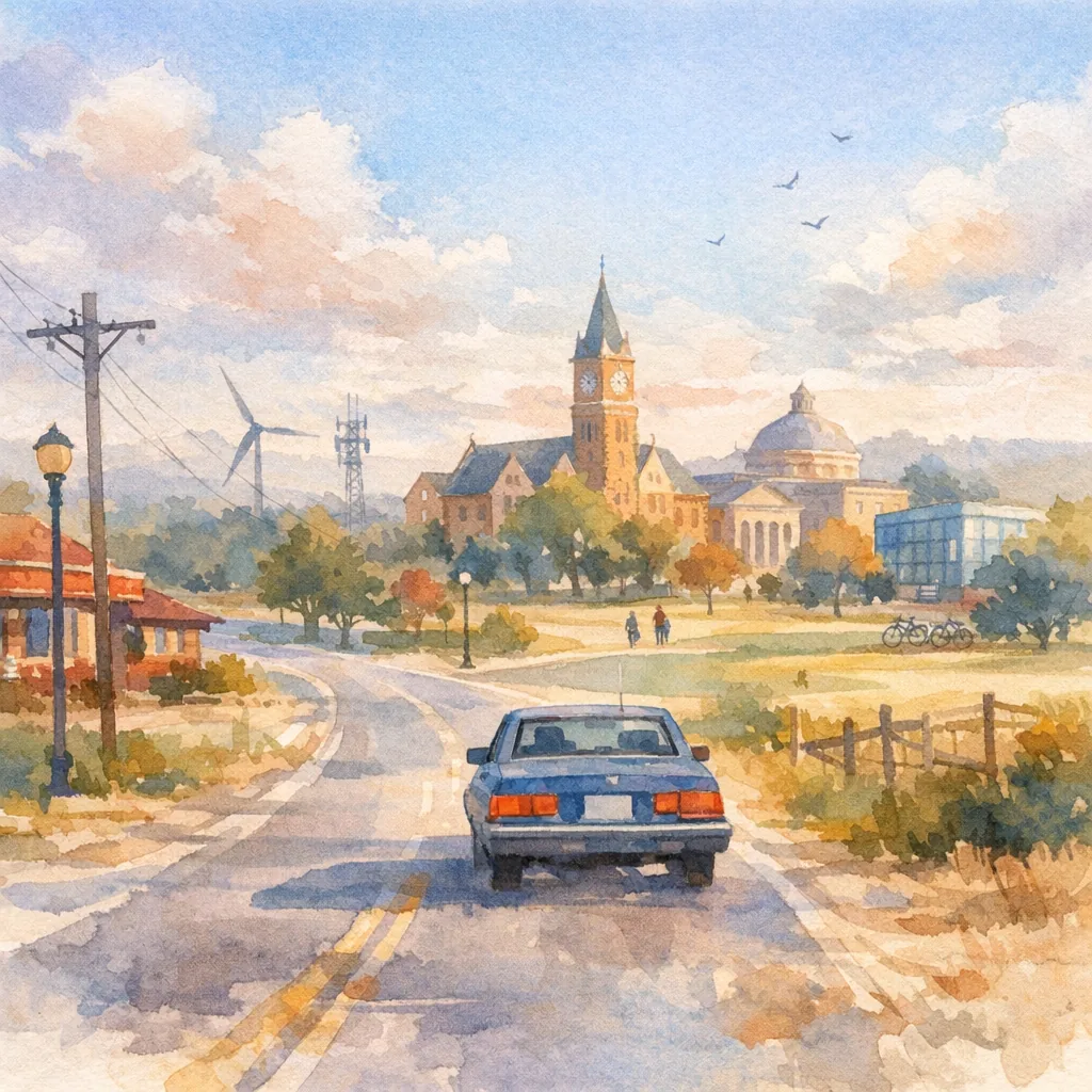A watercolor painting depicts a serene rural scene with a blue car driving down a two-lane road toward a small town in the distance. The road curves gently to the left, flanked by grassy fields and scattered bushes. On the left side, there is a utility pole and a streetlamp near a red-roofed building partially visible. In the background, a prominent clock tower with a pointed roof stands among other historic buildings, including one with a large dome and columns. To the right, a modern glass building and a few bicycles parked near trees are visible. The sky is bright with soft, fluffy clouds and a few birds flying. Two people walk along a path near the town, adding a peaceful, community feel to the scene. The overall atmosphere is calm and picturesque.