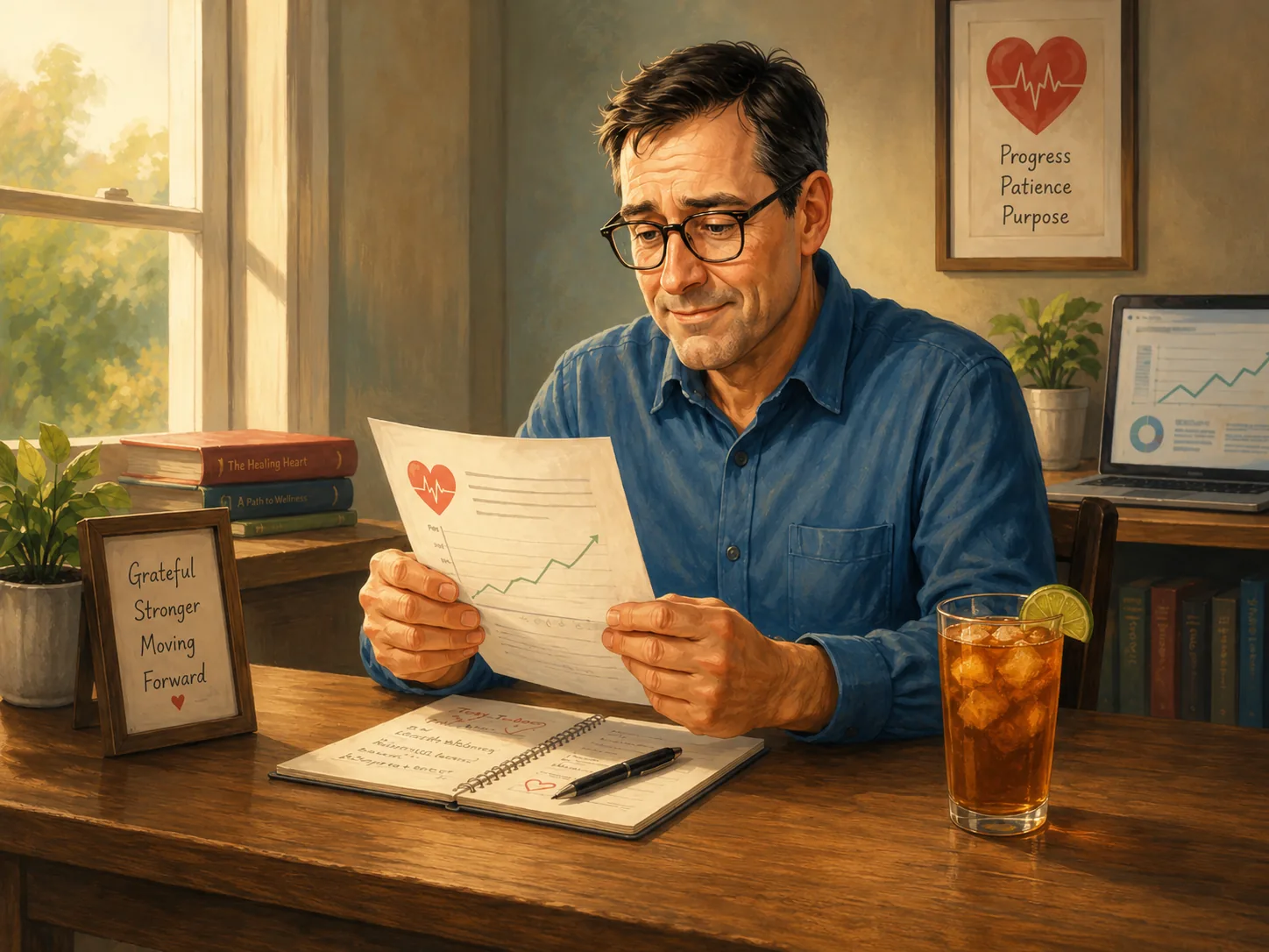 A middle-aged man with dark hair and glasses sits at a wooden desk in a warmly lit room, looking thoughtfully at a paper he holds with both hands. The paper features a red heart with a white heartbeat line and a green upward trending graph. He wears a blue button-up shirt. On the desk in front of him is an open notebook with handwritten notes and a black pen resting on it. To his right is a tall glass of iced tea with a lime wedge on the rim. To his left, a small potted plant and a framed sign read "Grateful Stronger Moving Forward" with a small red heart at the bottom. Behind him on the wall is a framed picture of a red heart with a heartbeat line and the words "Progress Patience Purpose." A laptop on a side table displays a similar graph. Books titled "The Healing Heart" and "A Path to Wellness" are stacked near the window, through which sunlight filters, casting a warm glow. The overall atmosphere is calm and reflective.