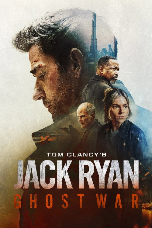 A promotional poster for "Tom Clancy's Jack Ryan: Ghost War" features a large profile of a serious-looking man with short, dark hair and a small cut on his forehead, facing left. Inside the silhouette of his head is a city skyline with a tall skyscraper, likely the Burj Khalifa, indicating a Middle Eastern setting. In front of the profile are three other characters: a middle-aged man with a stern expression and short hair, a woman with blonde hair tied back wearing a dark jacket, and a man with a goatee and mustache wearing a dark jacket, looking off to the right. Below them, there is a faint image of a soldier aiming a rifle amidst smoke and fire, suggesting military action. The title text is prominently displayed at the bottom: "TOM CLANCY'S" in small white letters, "JACK RYAN" in large, bold, white letters, and "GHOST WAR" in smaller, bold, orange letters. The overall color scheme is muted with shades of brown, gray, and blue, conveying a tense, dramatic atmosphere.