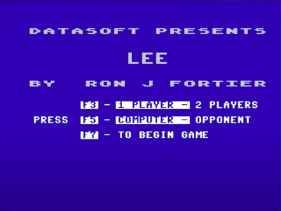 Schermata del titolo del videogioco Bruce Lee (Datasoft, 1984). Notate che il titolo è stato modificato, eliminando la parola -Bruce- per ottenere un nuovo titolo che non possa essere contestato a livello legale.