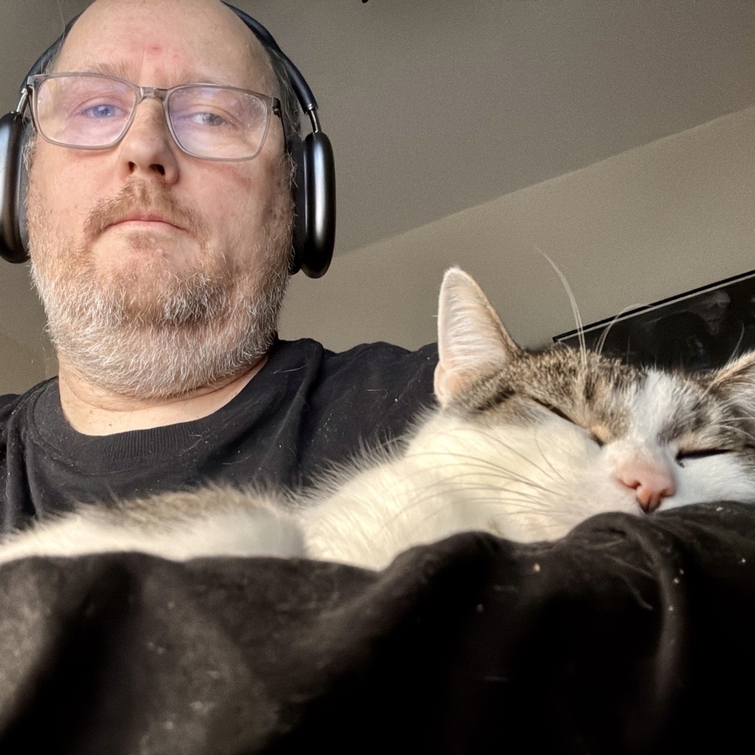 A serious-looking human rocking headphones, glasses, and a hint of a smile (maybe?), while their feline supervisor takes a well-deserved nap on the job. Clearly, the cat is the boss here, proving once again that productivity thrives with purrs and naps. 🐾🎧