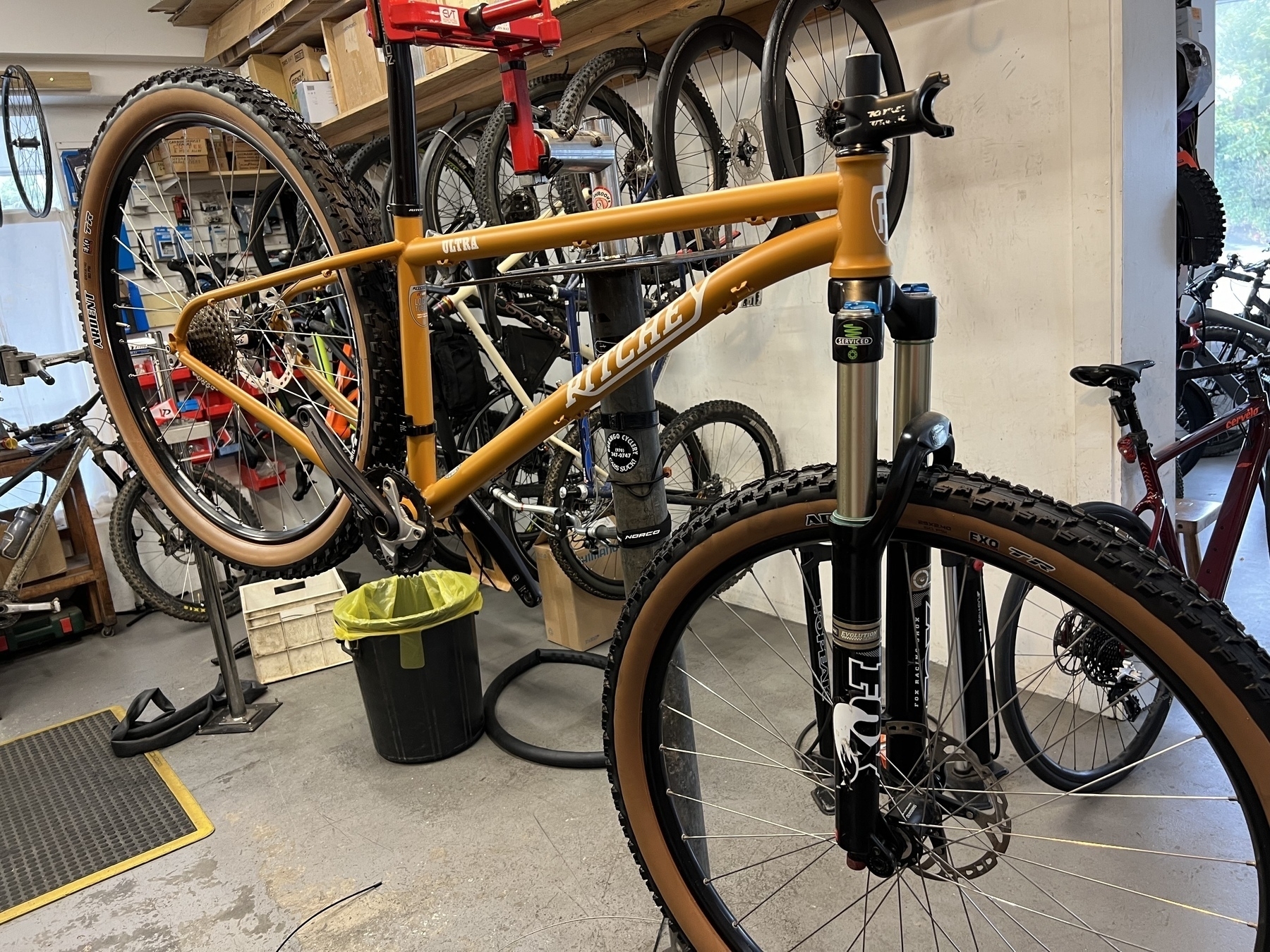 A Ritchey Ultra steel mountain bike frame on a work stand. It’s partially built up and needs brakes, derailleurs, a seat and handlebars. The background is a busy-with-bikes but meticulously tidy bike shop.