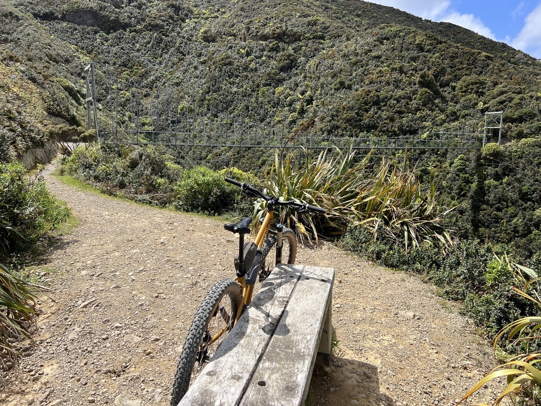 Orange mountain bike leans against a bench, but we’re also looking towards a suspension bridge that is crossing a steep gully. We’ve just crossed that bridge and we’re enjoying this viewpoint (and a little rest).